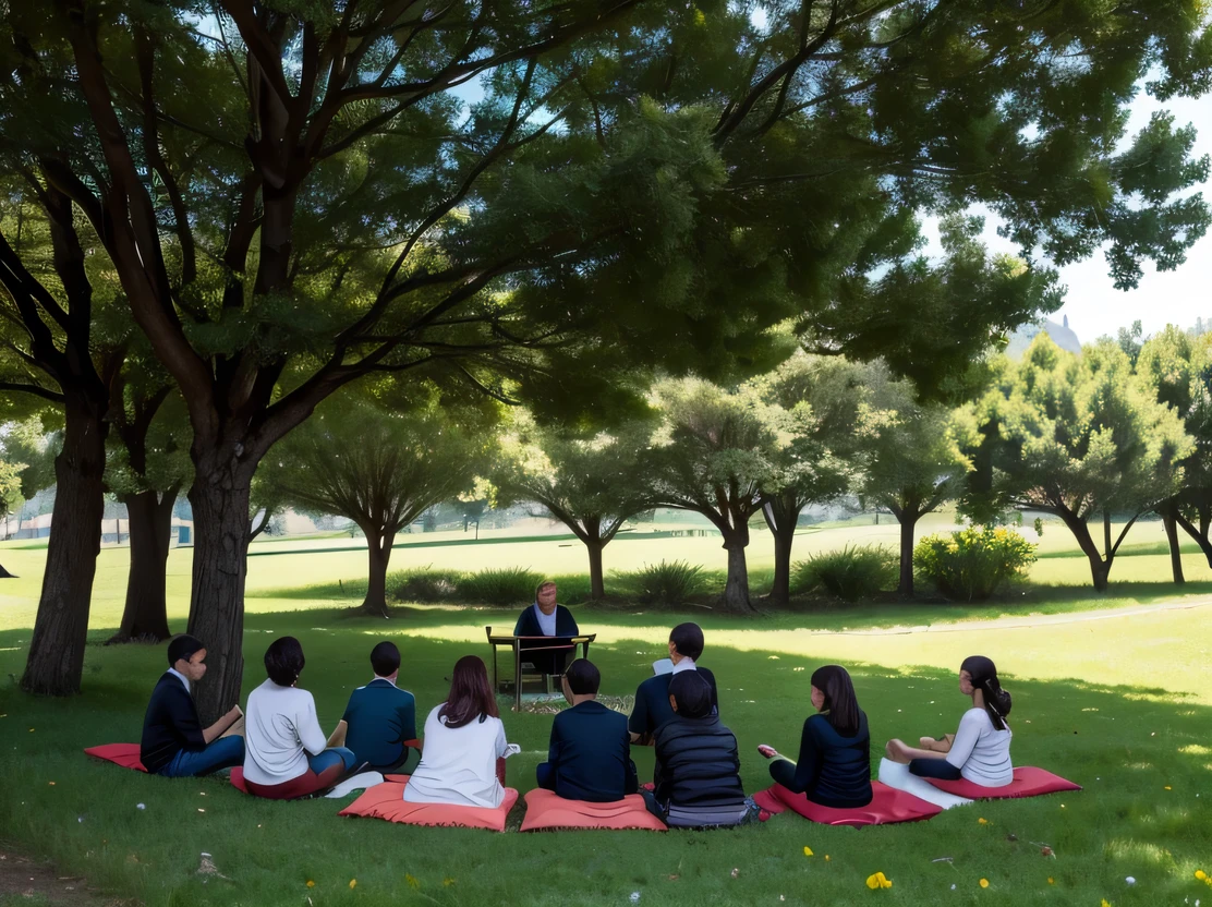 Doğada açık hava ders yapan bir grup öğrenci.
teacher ayakta durmaktadır. students, huddled together on the grass, they sit on the floor or sit on cushions. teacher, an object collected from nature (for example a leaf or flower) demonstrates and students listen carefully. There are trees and a natural landscape in the background.
Place: Green, açık hava bir park veya doğa alanı, surrounded by nature, a peaceful environment.