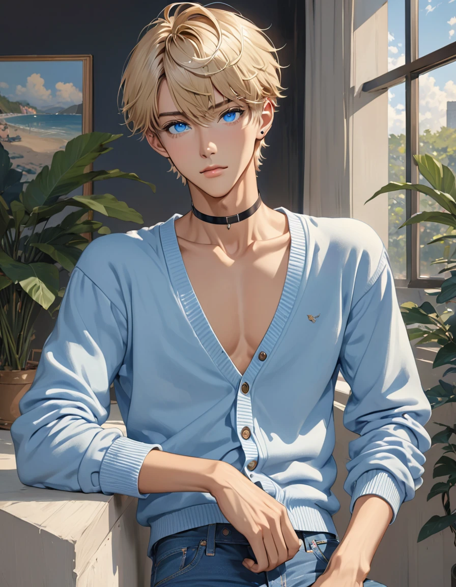 (best quality), 1boy, male, tanned skin, blonde hair, short hair, side bangs, beautiful hairstyle, blue eyes, perfect eyes, white cropped cardigan, blue shirt, skinny jeans, choker, femboy, slender, handsome, attractive, skinny body, masterpiece, anatomically correct, highres