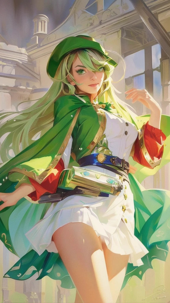 Beautyfull girl with green hair and a green hat and green cape, style artgerm, extremely detailed artgerm, cushart krenz key art feminine, portrait knights of zodiac girl, splash art anime , artgerm style, range murata and artgerm, style of artgerm, artgerm lau, artgerm colorful!!!