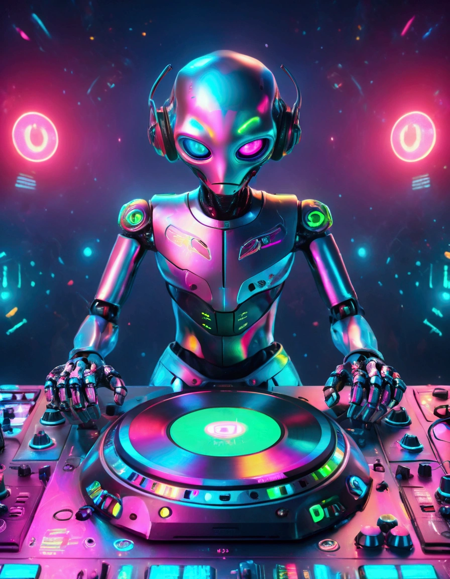 A scene depicting an unknown alien-blooded alien robot DJ spinning records in a typical cosmic nightclub. This alien robot DJ features smooth metallic components, glowing skin, an advanced holographic control panel for interacting with the crowd, and agile limbs to operate a variety of music equipment, such as turntables, mixers, and samplers. The scene is filled with typical interstellar club details, such as illuminated dance floor areas, signs written in alien script, and a range of cutting-edge sound equipment. Despite his alien robotic appearance, he still conveys excitement and commitment to the art of DJing, which are inherent qualities of a DJ. Realistic, 3D, C4D rendering, photography.