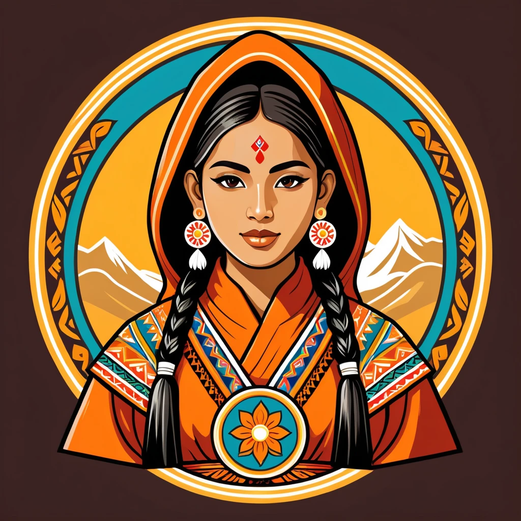 female	monk	in peruvian folk outfit	,vector graphics, strong contours, logo design																						