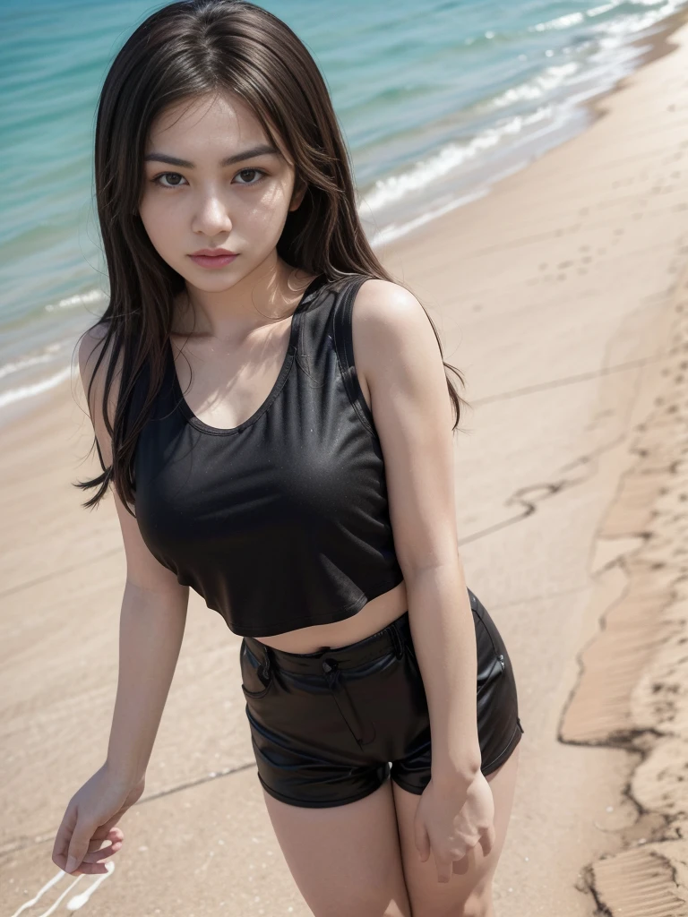 1girl, solo, (uniform), standing, at the beach,  beautifully ocean scenery, detailed face, cute angry face, detailed eyes, medium thick breasts, smooth realistic skin, black tight latex tanktop, black latex short pants, looking at the audience, low angle shot, (Overhead view: 1.4), (8k, RAW photo, best quality, masterpiece: 1.2), (realistic, realistic: 1.37), ultra-high resolution