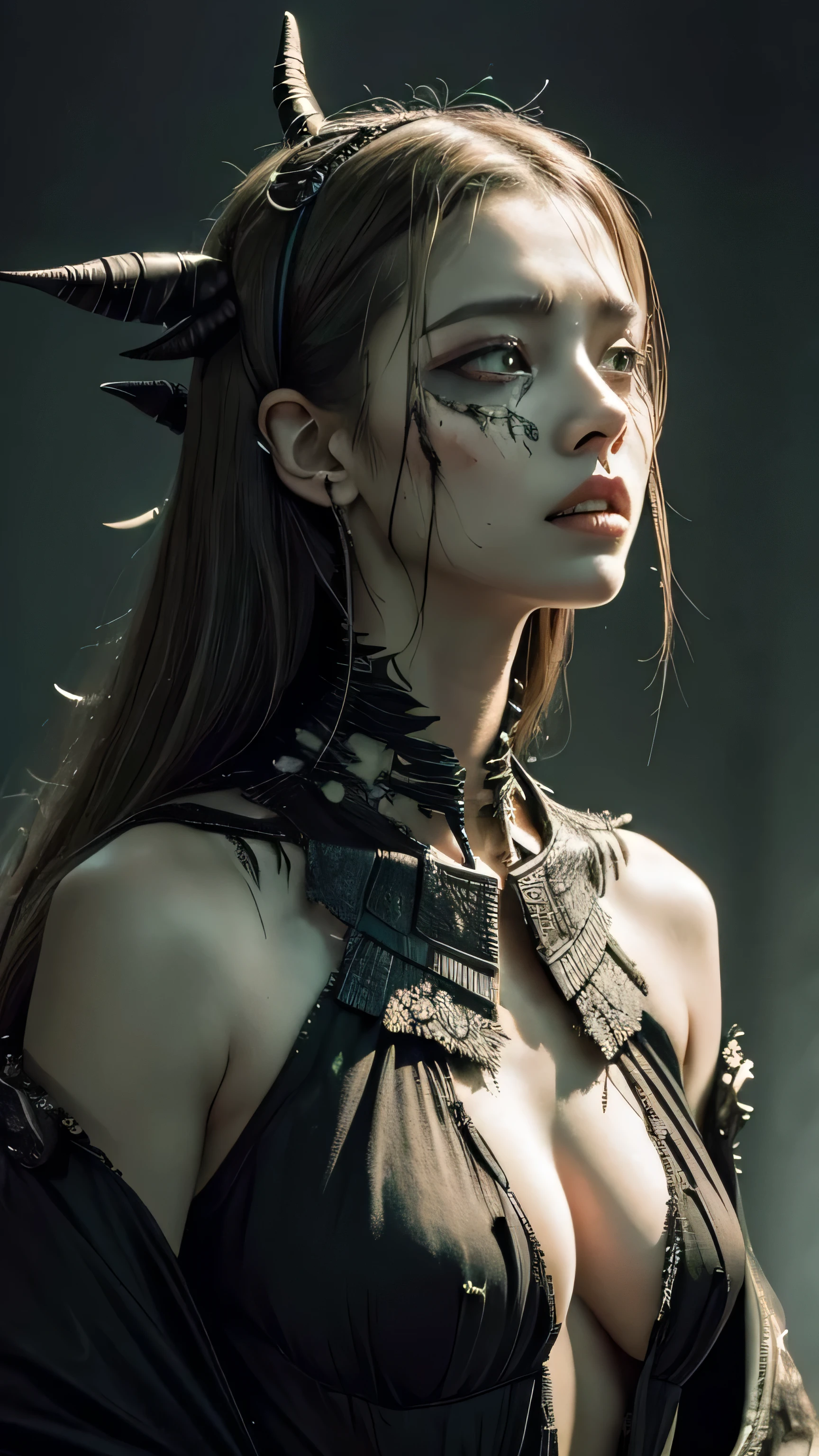 ### Prompt: Female Lord of the Flies
Create an ultra-realistic and terrifying depiction of a female Lord of the Flies, a mythical and menacing figure with grotesque and insect-like features.
**Overall Appearance**:
- **Height**: Taller than an average human woman, standing around 6 feet.
- **Body Type**: Lithe yet muscular, covered in a chitinous exoskeleton that provides both protection and a nightmarish appearance. Her form is simultaneously hauntingly beautiful and terrifying.
- **Skin**: A sickly, greenish hue with patches of decaying flesh, giving a sense of both allure and horror. Swarms of flies constantly buzz around her, adding to the menace.
**Facial Features**:
- **Eyes**: Large, multifaceted insect eyes that glow a sinister red. They dominate her face, giving her a hypnotic and horrifying gaze.
- **Mouth**: Sharp, needle-like teeth are visible when she smiles, dripping with a viscous, toxic saliva that hints at her deadly nature.
- **Antennae**: Two long, segmented antennae protrude from her forehead, twitching and sensing the environment, adding to her eerie appearance.
**Hair**:
- **Style**: Long, flowing hair that seems almost alive, with strands intertwining with small, crawling insects. The hair is a dark, almost black green, shimmering with an unnatural light.
**Attire**:
- **Clothing**: A tattered, ancient gown that clings to her form, intricately designed with patterns reminiscent of insect wings. The gown is both regal and decayed, with parts fraying and torn.
- **Accessories**: Chains and trinkets made from the bones and remains of her victims, hanging from her neck and wrists, adding to her macabre elegance.
**Background and Atmosphere**:
- **Setting**: A dark, decaying environment filled with the stench of death and decay. The background features swarms of flies, a desolate landscape with charred and skeletal remains, and an eerie, dim light filtering through the thick, foul air.
- **Color Palette**: Dominated by dark, muted colors like