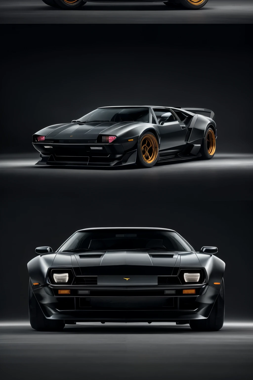 Imagine a realistic fusion of the iconic Lamborghini Countach and the modern Camaro 2023, showcasing a blend of timeless elegance and contemporary innovation. The fusion sports a Countach-inspired long, low-slung silhouette, with sharp angular lines and a dramatic wedge-shaped profile. The front end, however, is a nod to the Camaro, featuring its signature aggressive grille and sharp headlights. The color scheme of the vehicle is a stunning matte black, accentuated by polished chrome accents. The wheels are large and imposing, a perfect blend of the Countach's classic rims and the Camaro's contemporary design. The