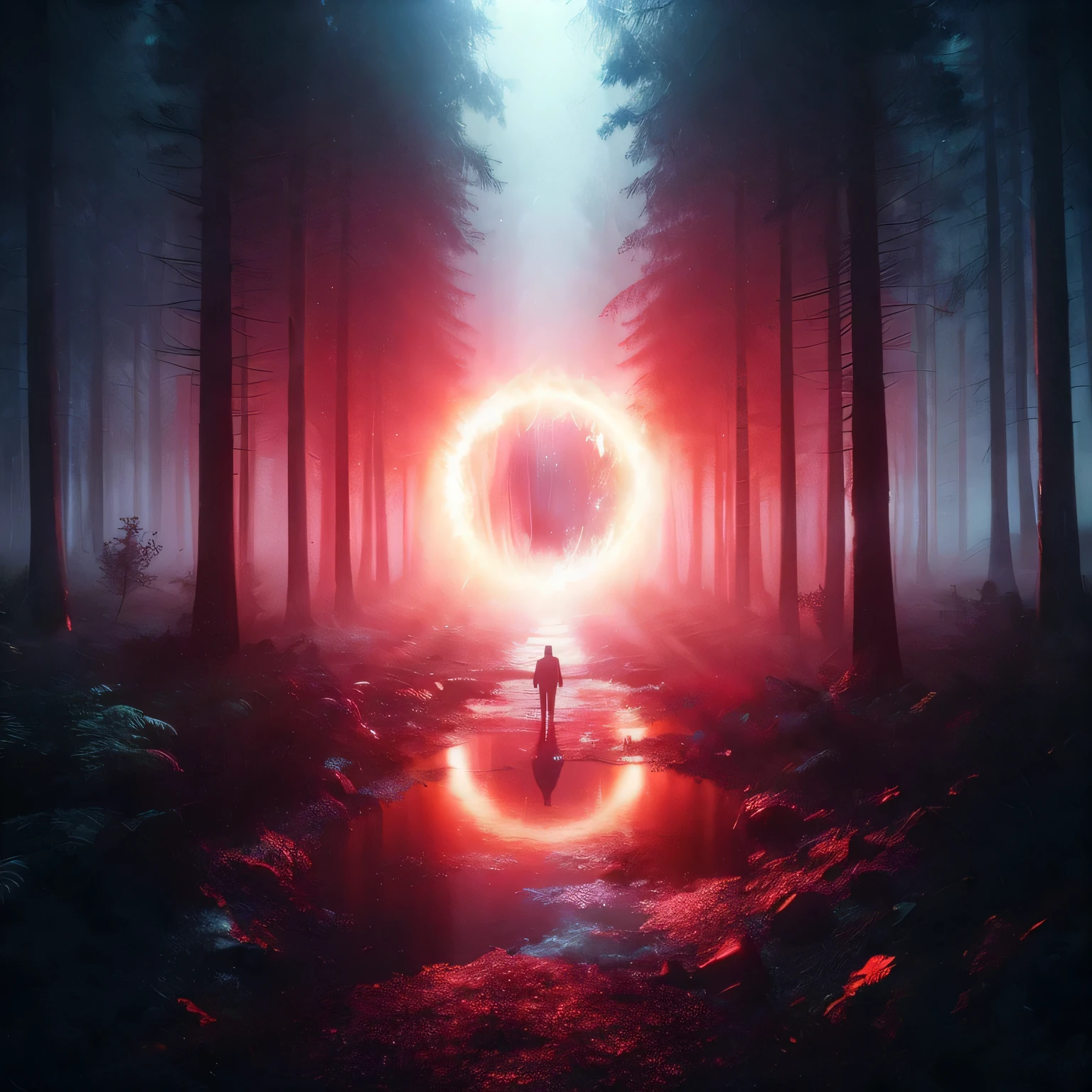 A realistic 4K photograph of a man figure approaching a bright red portal in the heart of a foggy forest, the portal’s light casting vivid reflections on the damp ground, surrounded by towering trees and mist, evoking a sense of wonder and suspense., Film Grain, Pinhole Photography, Aerial View, Super-Resolution