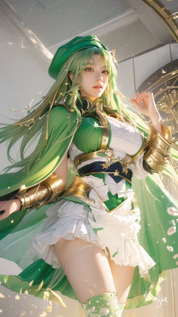 anime girl with green hair and a green hat and green cape, style artgerm, extremely detailed artgerm, cushart krenz key art feminine, portrait knights of zodiac girl, splash art anime , artgerm style, range murata and artgerm, style of artgerm, artgerm lau, artgerm colorful!!!