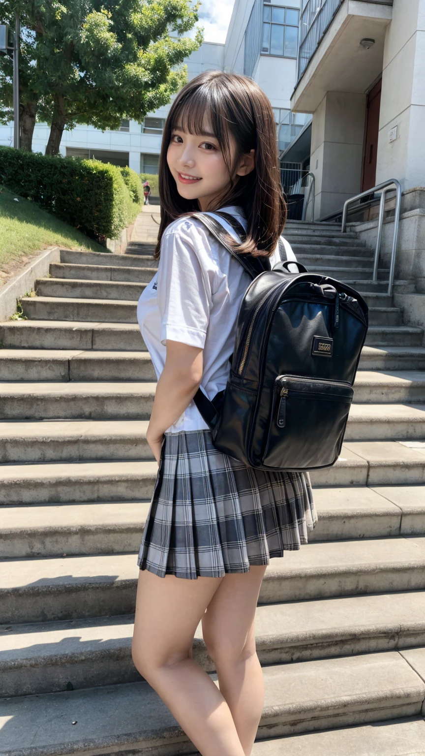 ((masterpiece)),(((Highest quality))),Thin thighs,Long legs,An 18-year-old high school girl standing on the school steps,White shirt,Blue and white plaid mini skirt:1.5,The best smile,Short bob with side waves:1.5,Carrying a black backpack,wear black loafers,Facing the front and spreading legs:1.5,large breasts, bangs