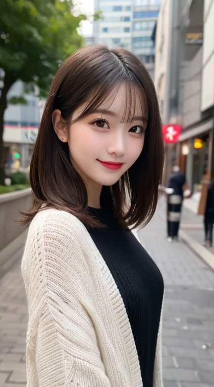 Tabletop, Highest quality, shape, Very detailed, In detail, High resolution, 8k wallpaper, Perfect dynamic composition, Beautiful details, Black knit,Medium Hair, E Cup, Natural color lip, Random y poses,smile,Aoyama Street Walk、20-year-old girl