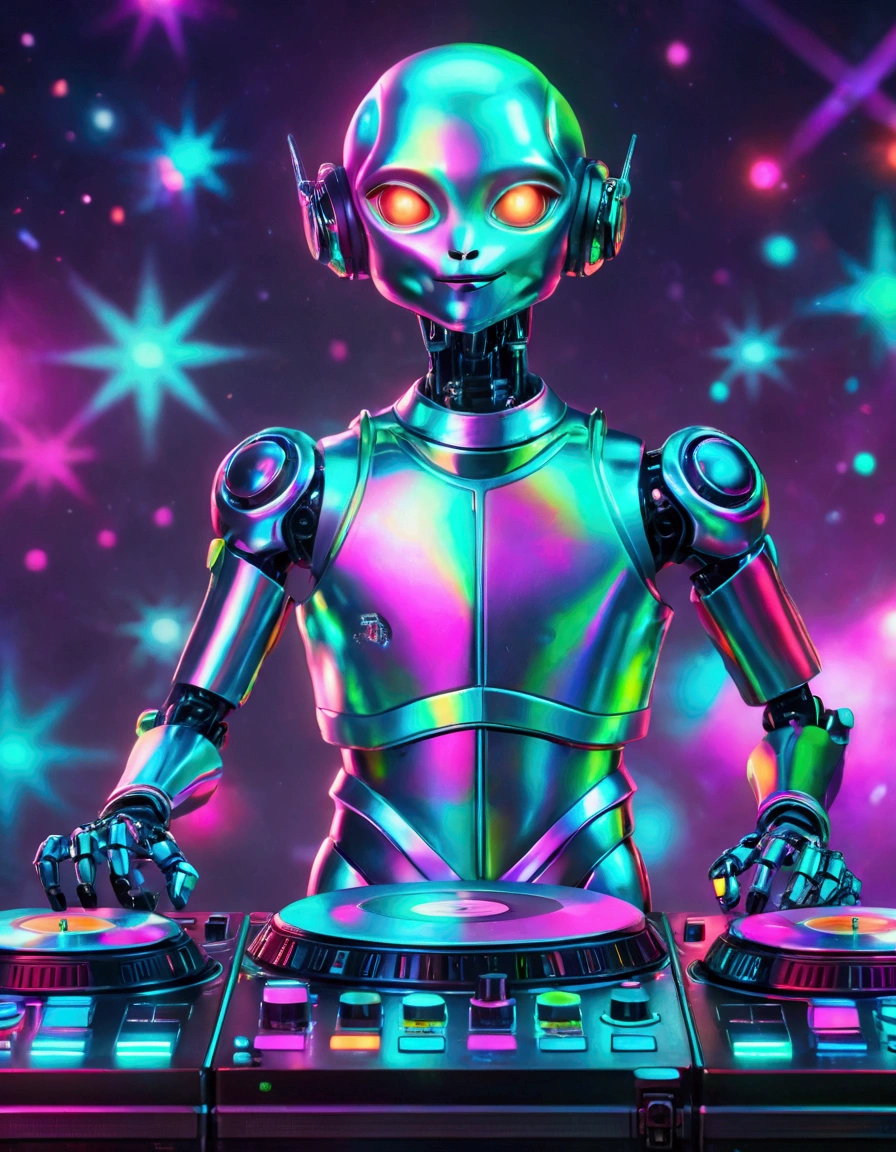 A scene depicting an unknown alien-blooded alien robot DJ spinning records in a typical cosmic nightclub. This alien robot DJ features smooth metallic components, glowing skin, an advanced holographic control panel for interacting with the crowd, and agile limbs to operate a variety of music equipment, such as turntables, mixers, and samplers. The scene is filled with typical interstellar club details, such as illuminated dance floor areas, signs written in alien script, and a range of cutting-edge sound equipment. Despite his alien robotic appearance, he still conveys excitement and commitment to the art of DJing, which are inherent qualities of a DJ. Realistic, 3D, C4D rendering, photography.