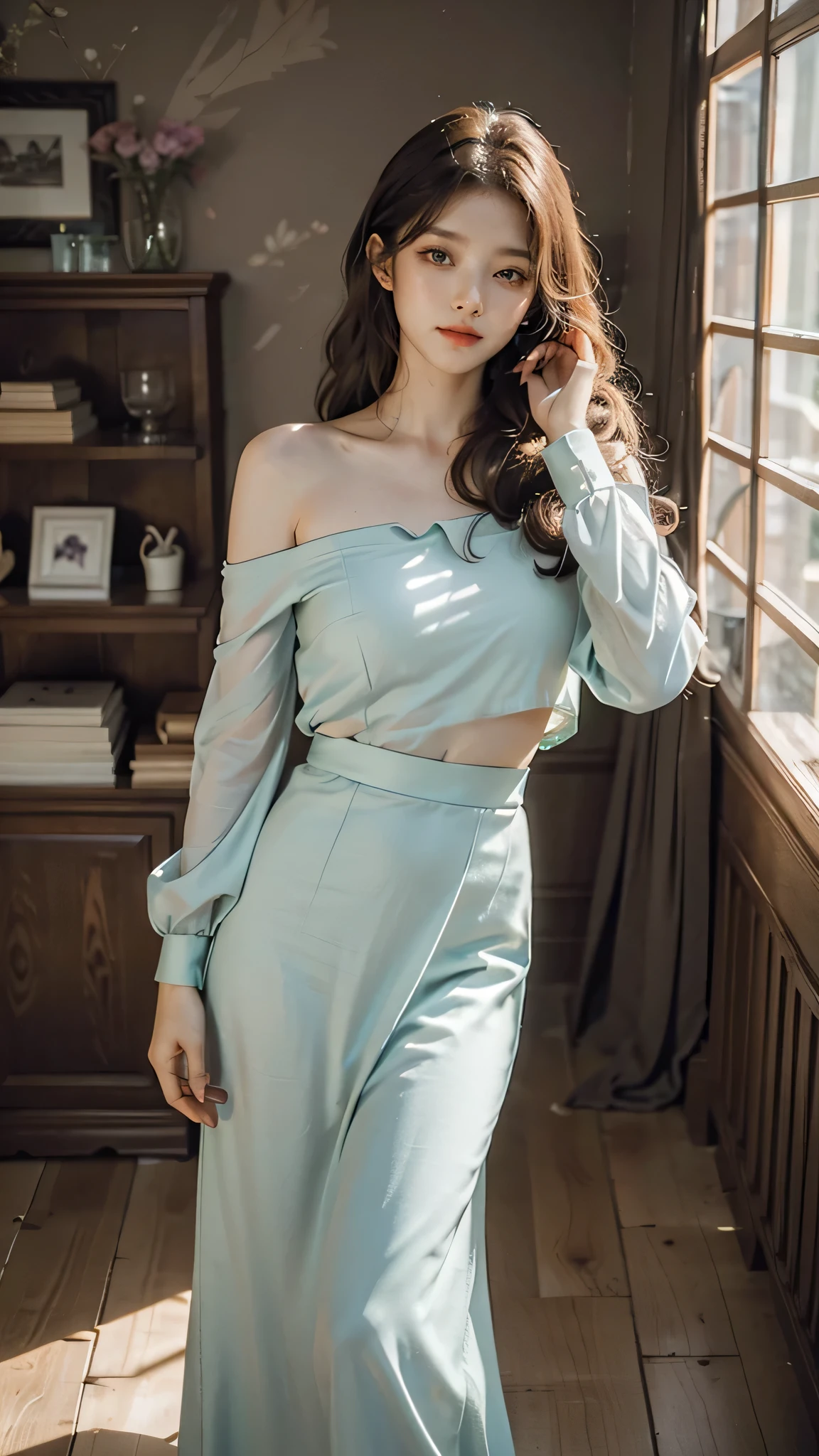 detailed background, masterpiece, best quality, 1 person , curly hair, long hair, purple eyes, star in eye ,lime green Strapless blouse, long skirt, looking at viewer, wooden furniture behind, indoor