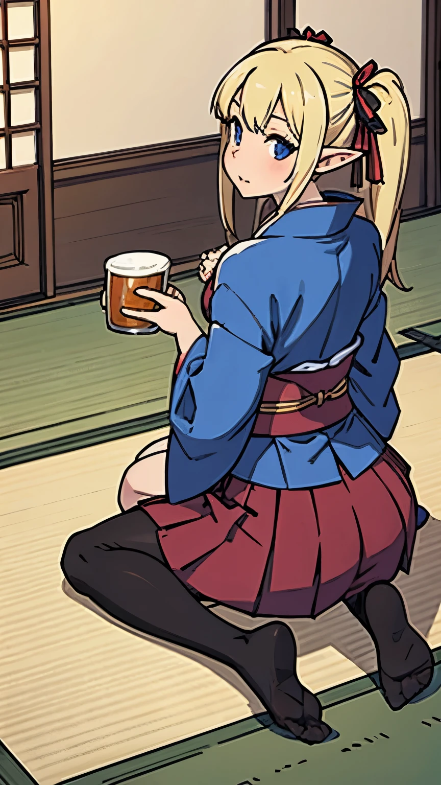 Sitting on the floor,sole,From below behind,Pantyhose,kimono,Pleated Skirt,twintail,Elf,drinking beer