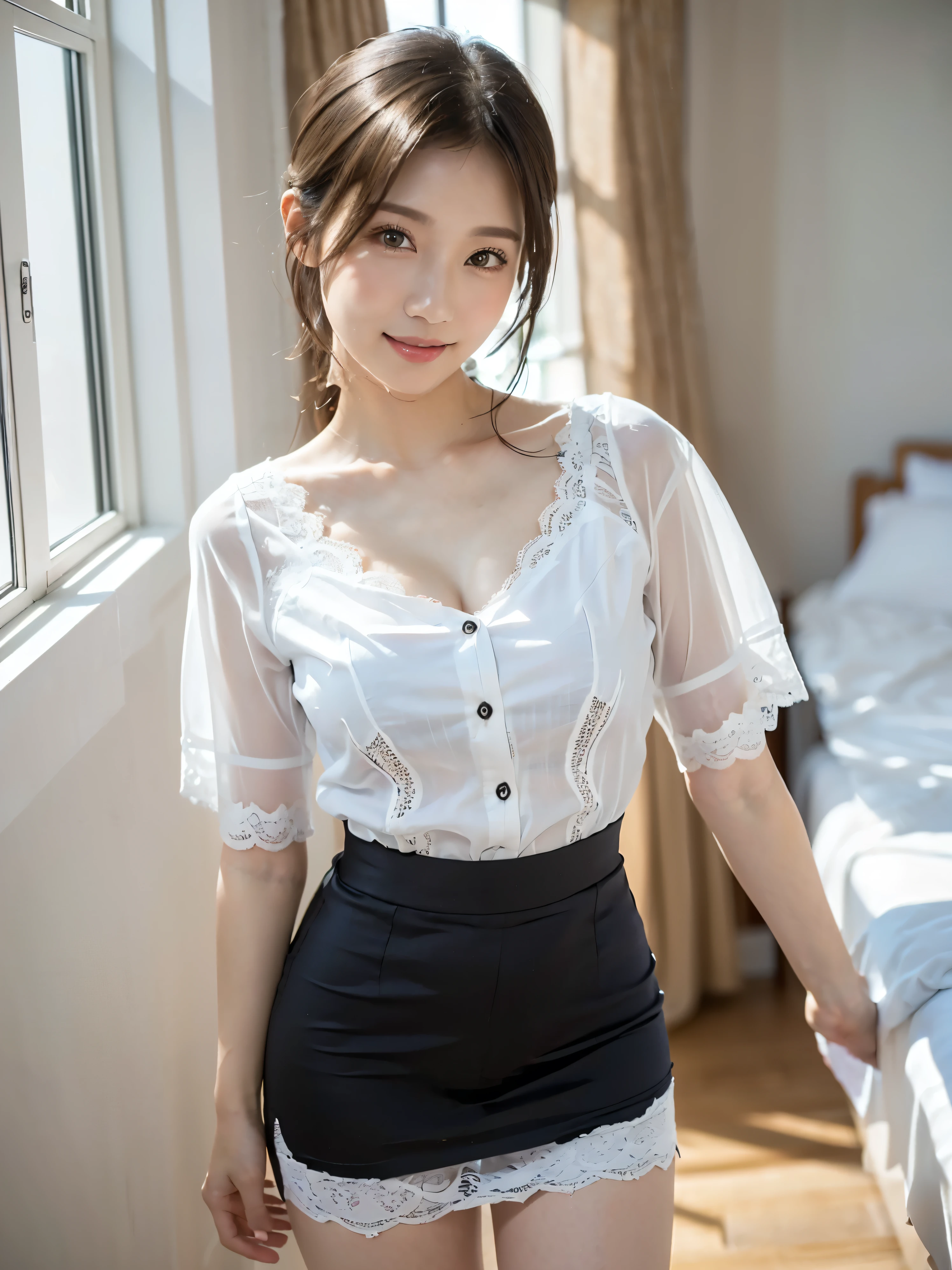 ((White lace short sleeve shirt))、((Please wear it with the chest open.:1.2))、((White checked skirt))、(Cute Smile)、((Girly pose 1.8))、((Full Body Shot:1.2))、((Height: 145cm))、Hands in front、Hold hands between legs、