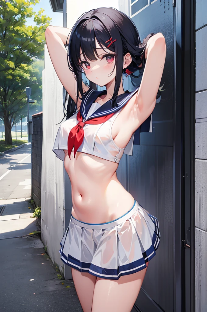 Sexy sailor suit with exposed belly button、School corridor、Front facing、Are standing、mini skirt、Tying up hair、The side is visible、Beautiful armpits、Looking up、Red face、high quality、Black Hair
