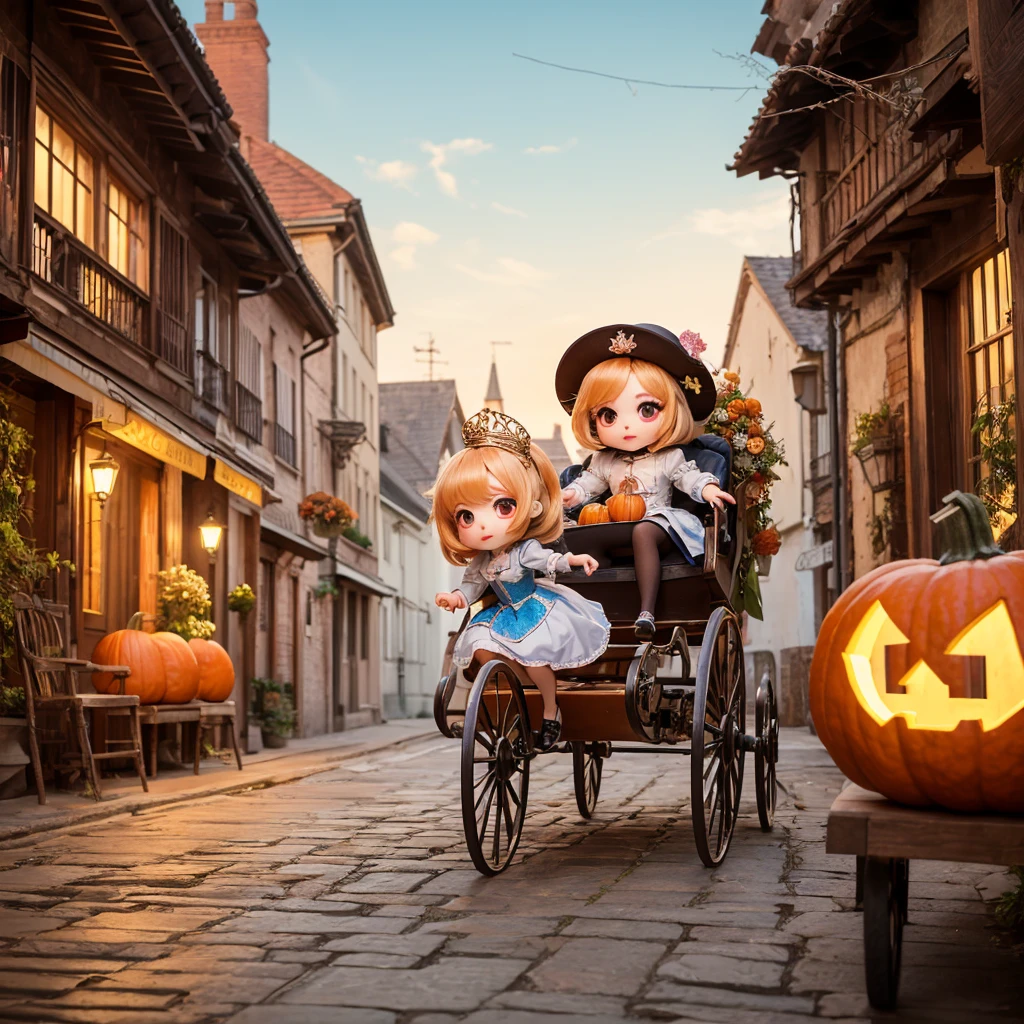 ​masterpiece、top-quality、ultra-detailliert、(Chibi Chara's Daughter:1.2)、Antique miscellaneous goods with a horse pulling a pumpkin-shaped carriage、Chibi Cinderella Princess