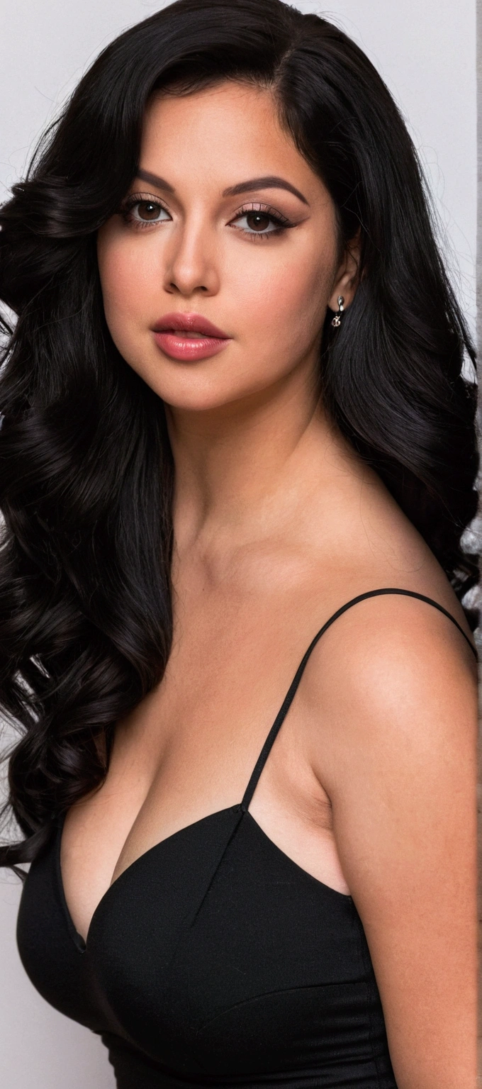A close-up of a woman in a black dress posing for a photo, wearing a tight black dress, succubus in short tight dress, tight dress, she has a round belly, fat and wavy, sexy dress, she wears a black dress, lorena avarez, curvy model, curvy hourglass figure, skintight dress, long curvy black hair