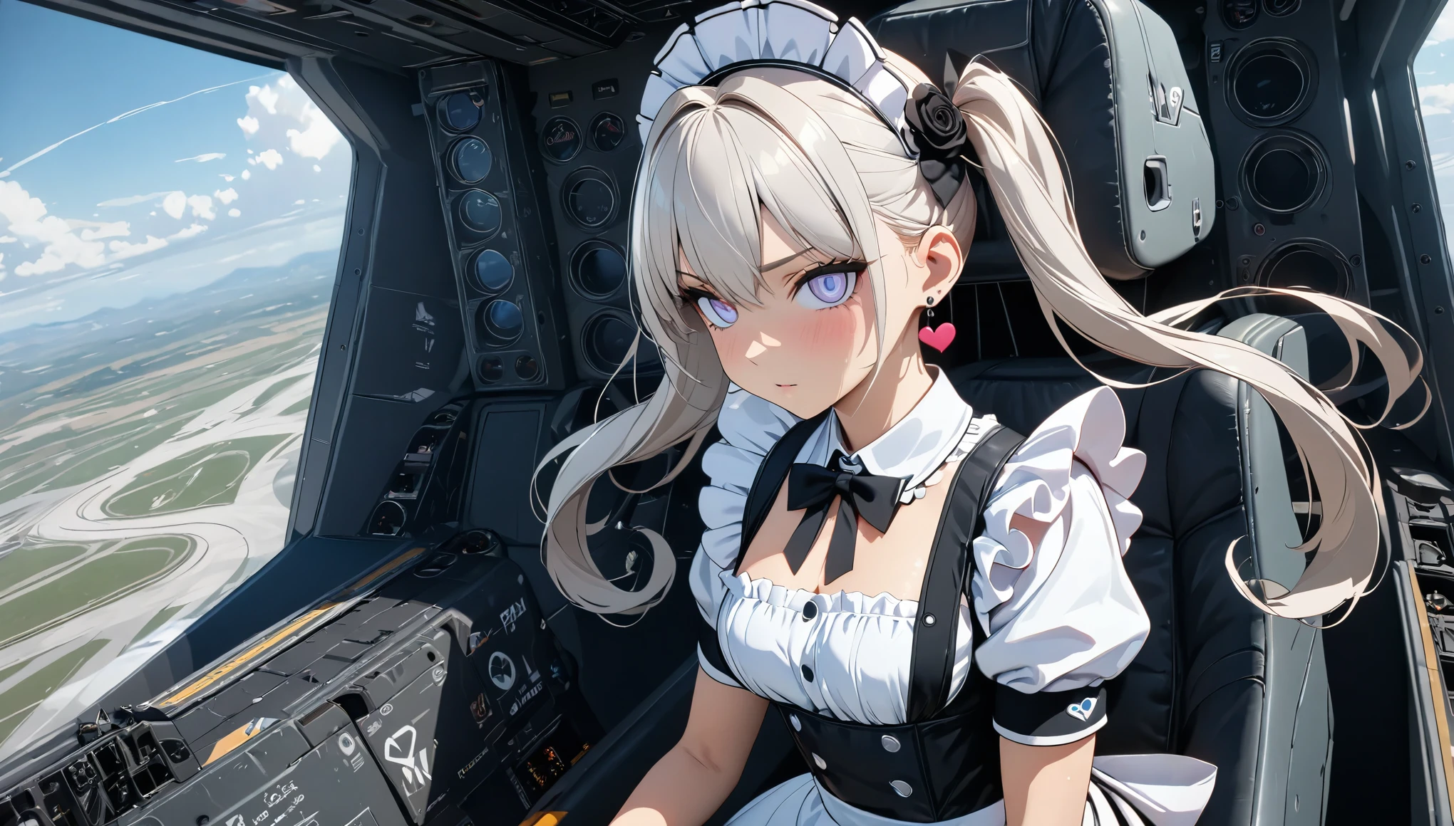 ((best quality)), ((masterpiece)), (detailed), perfect face, ((Best quality, 8k, Masterpiece: 1.3)), Sharp focus, Highly detailed face and skin texture, Detailed eyes, Double eyelid, silver hair, twin tails, hair flower, heart earrings, A maid costume with frills, white brim, high resolution, Textured skin, anime style, A maid boarding a fighter jet, maids acting as pilots, inside the cockpit, Air Force