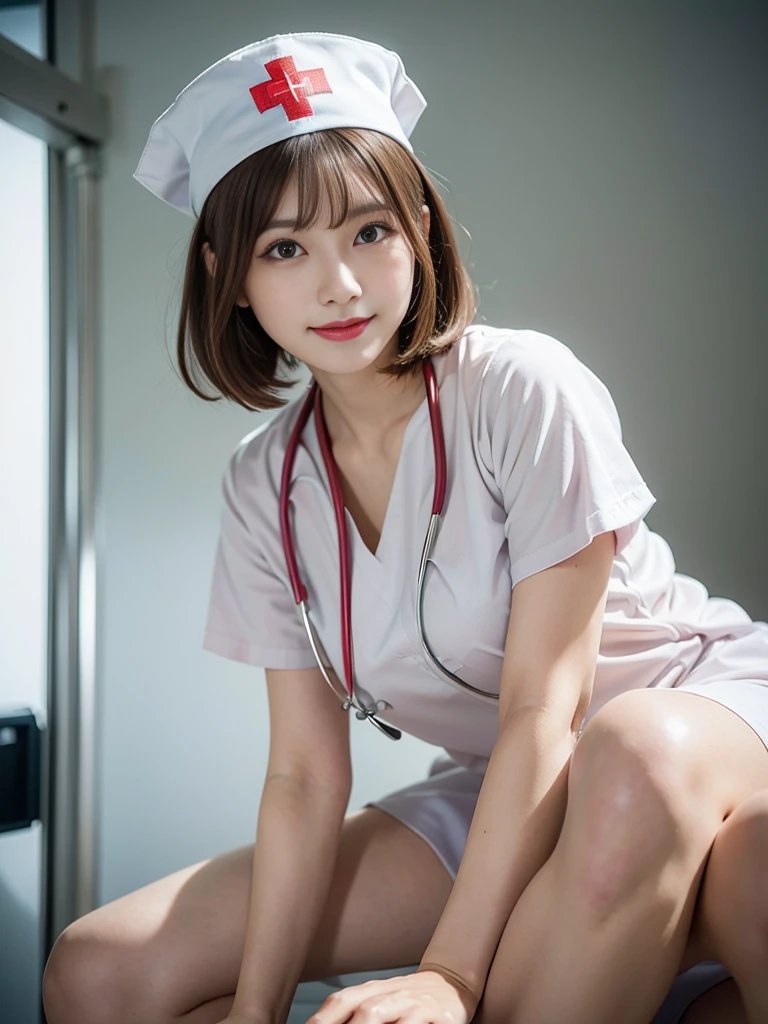 (realistic, photo-realistic:1.37), (masterpiece), (best quality:1.4), (ultra high res:1.2),(RAW photo:1.2), (sharp focus:1.3), (face focus:1.2),
(1girl wearing detailed nurse and nurse cap:1.4), (spread legs), (from side:1.3), (hospital:1.5), plump, BREAK,
(medium breasts:1.27), (laugh:1.1), (brown bob cut:1.3), scenery, (20yo), (cute), photon mapping, (spot lighting), Evening, finely detail, vibrant details, hyperrealistic, (NSWF:1.5)