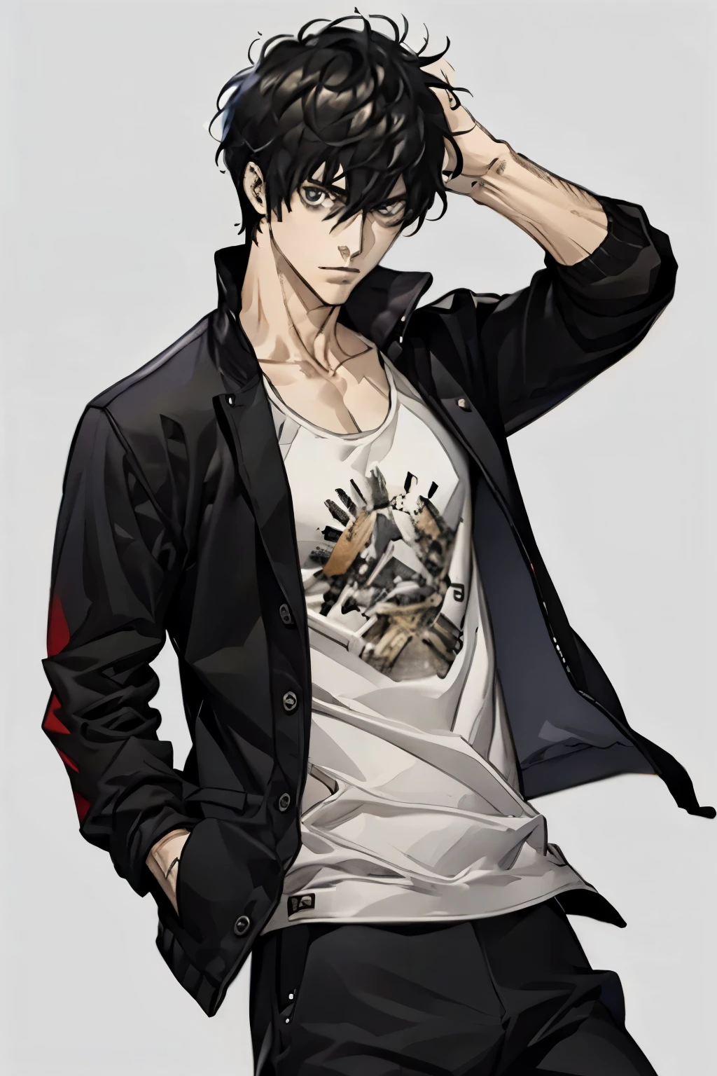 male、Tank top、Wearing a jacket and black pants,Ragged black hair、Sloppy、solo、(Stubble)