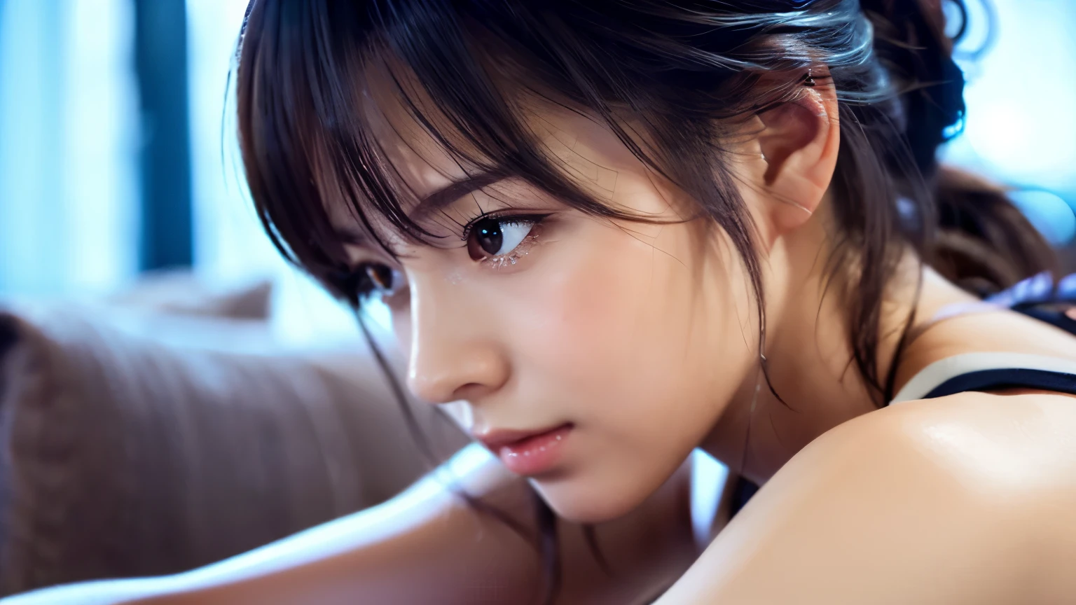 (Ultra-detailed CG work), (Realistic), (Side view), (Bust shot), (Japanese woman), (23 years old), (Beautiful and cute looking), 1 girl, solo, portrait, calm expression, friendly personality, hair up, bangs flowing right, sitting on chair,looking at laptop, night , simple own room.