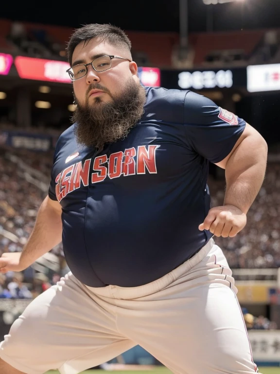 (yossan), beard, Glasses, obesity, Sports photography, (Pellets投), Throw, Throwの瞬間, Powerful facial expressions, (Pellets), Iron ball, Japanese Representative, Bib, Cheering from the stadium, full body