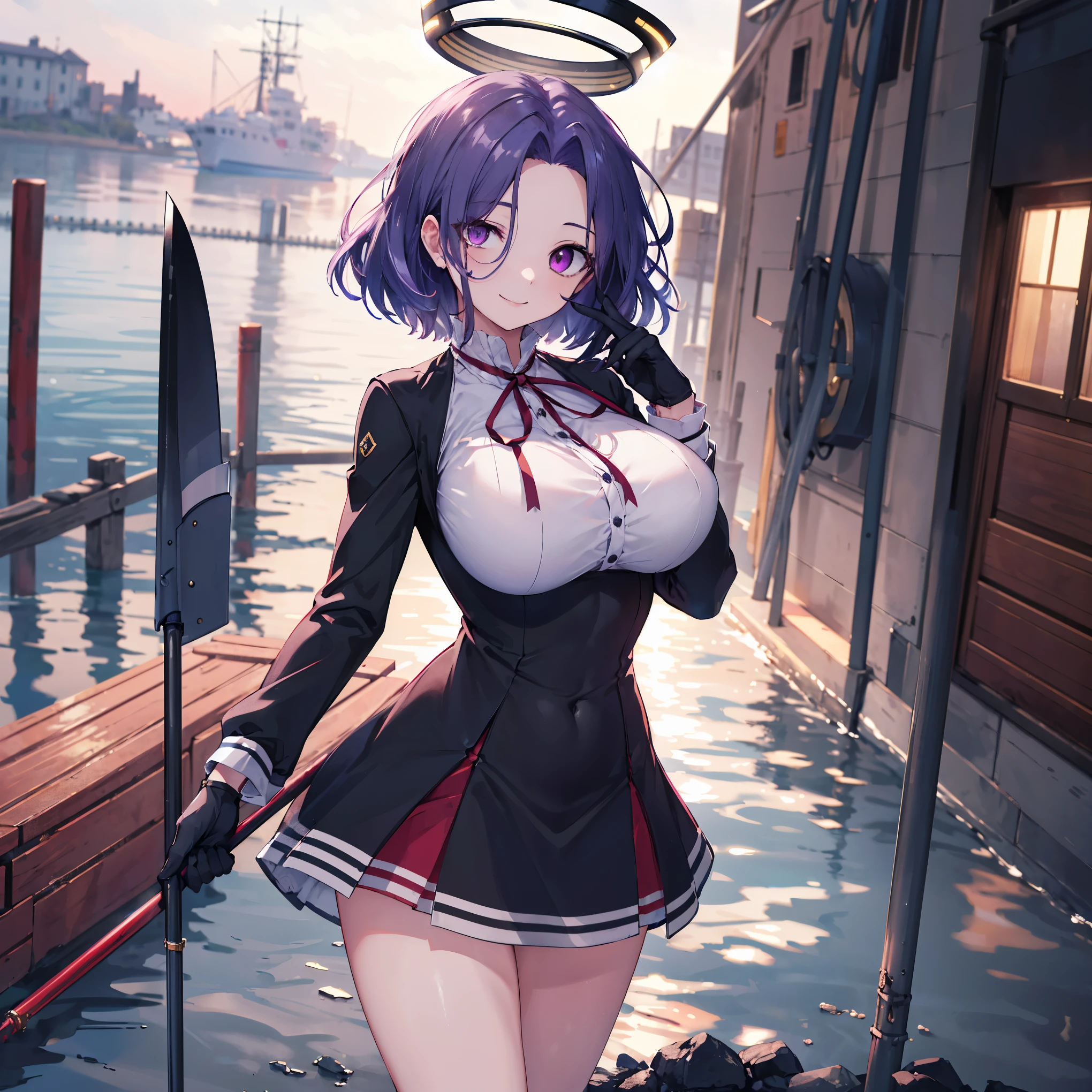 masterpiece, best quality, highres, mechanical halo, (gigantic_breasts:1.2), black dress, neck ribbon, long sleeves, black gloves, outdoors, cowboy shot, standing, holding weapon, polearm,smile,,harbor_town_landscape,purple_halfeyes,(scornful eye:1.4)