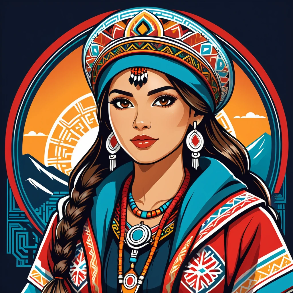female netrunner in peruvian folk outfit ,vector graphics, strong contours, logo design