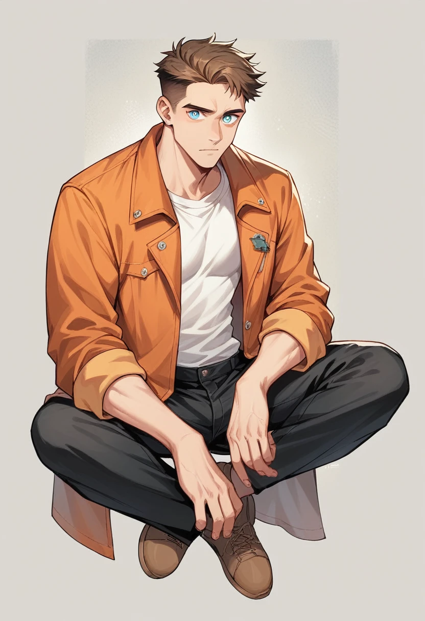 human Male 19 years old , Brown fade haircut , white shirt ,Orange Jacket ,BLUE pupils ,Full body, Black Pants ,