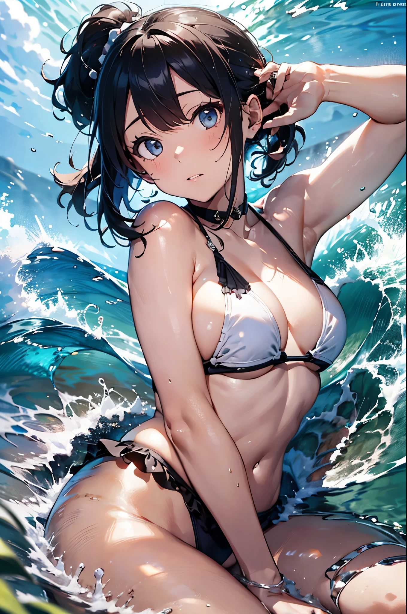 High resolution,topless、
One beautiful young woman,Light blue hair、ponytail、
(Soft Saturation:1.3), (Fair skin:1.2),
(ultra-Detailed Background, Detailed Background), Bokeh,
break&#39;Portrait of a smiling girl.,
When viewed from the front, The composition is symmetrical,
Looking straight at you with serious eyes,
break Swimwear, White Bikini, Center of chest, 
Outdoor, Sea surface, null, sunlight,Summer beach, Sandy Beach,
Strong light, Front lighting, 
(Teen:1.3), (Cowboy Shot:1.2),
Front brake angle,
View your audience,
Dynamic pose,
sitting on the beach

Seaweed、Seaweed、Seaweed、Seaweed、Seaweed、Seaweed、Seaweed、