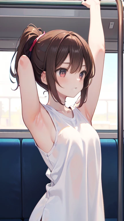 Let’s think step by step,Highest quality, masterpiece, Ultra-high resolution, 8k,Show anime style , One, Soft Line Art, Digital Enhancement, shojo anime touch, shojo manga core, Flowing fabric, close, Soft Drawing, Ultra High Definition Digital Anime Art, Clear facial depiction, Highly detailed girl manga character art, Ultra-detailed manga style, Highest qualityの色,
1 female,24-years-old, Brown haired woman,Short ponytail,Ultra-detailed clear brown eyes,Body type is slightly chubby,Small breasts,The butt is small,(((Sleeveless summer dress))),
(((holding on to the railing of the train,armpits))), presenting armpit,(looking away:1.4), (train interior:1.3),(crowded train:1.3),
upper body,(white shirts:1.5),(Armpit close-up)