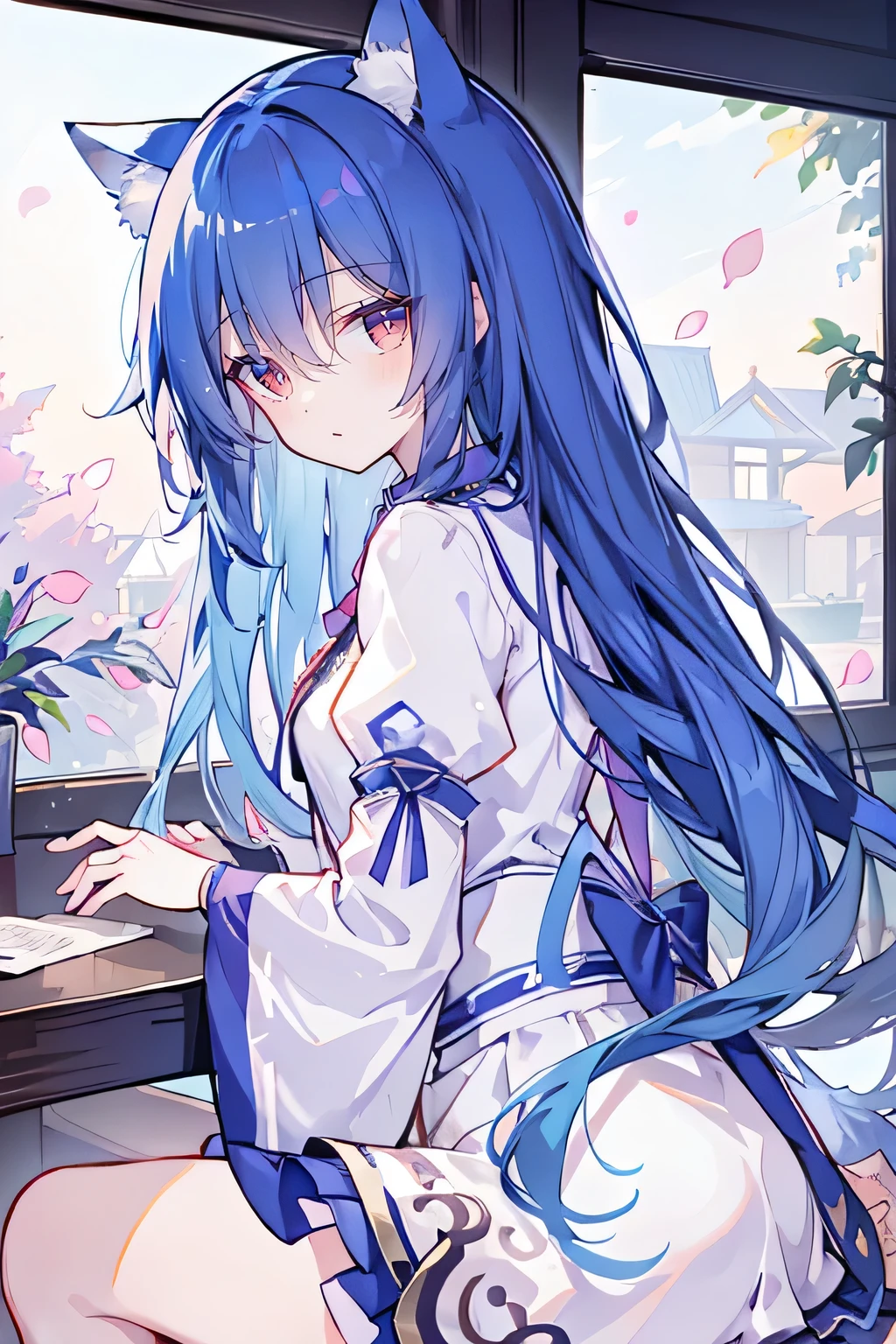 （masterpiece：1.2），Super detailed，lifelike，Expressive eyes，fair skin，perfect face shape，1 girl，
Japanese comics,Gorgeous blue hair,flowing blue hair,flowing clothes,Cat ears,Petals fall,beautiful lola,Baby Angel,
Shaking head with one hand，Cross your legs，，The pavilion is cool and comfortable,smile,back views,sunrise,Petals fall,sunrise，sitting on window sill drinking coffee and looking out the window。