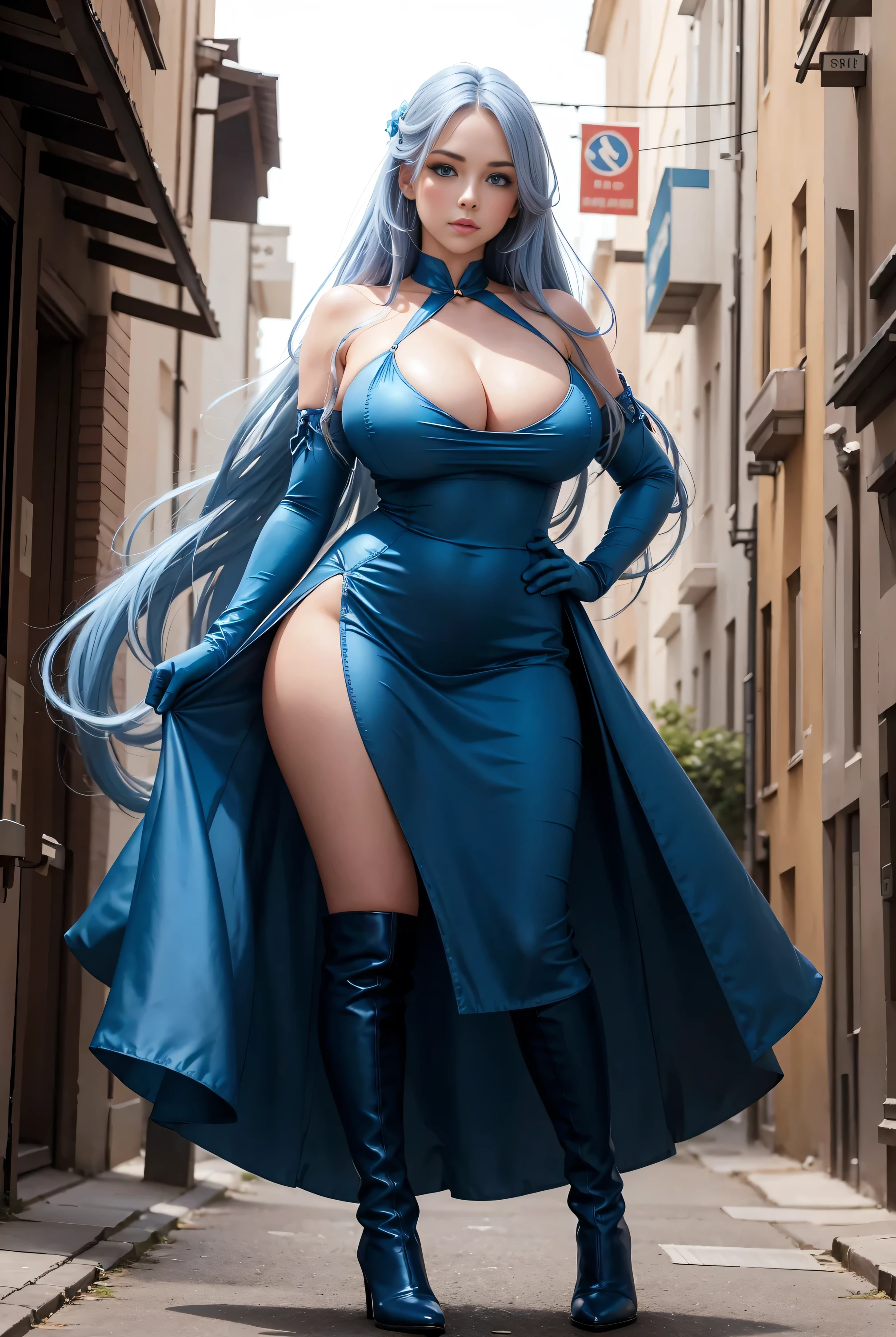 Full body, beautiful blue eyes, blush, cute face, (1 cute woman, solo: 1.1), lips, gigantic breasts, beautiful background, long blue hair, blue dress, blue elbow gloves, blue high heel boots, naked shoulders