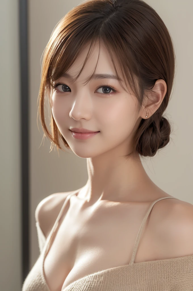 (masterpiece:1.3), (8K, Photorealsitic, Raw photography, Top image quality: 1.4), Japan high school girls、(Random hairstyles:1.2)、cleavage of the breast:1.2、Super Detail Face、Eye of Detail、double eyelid、Bring your chest together、sharp focus:1.2、prety woman:1.4、light brown hair、top-quality、masterpiece、超A high resolution、(Photorealsitic:1.4)、Highly detailed and professional lighting smile、Loose and light knitwear、Shoulder out、slender、serious facial expression、short-haired、Fatal position, 1girl, solo