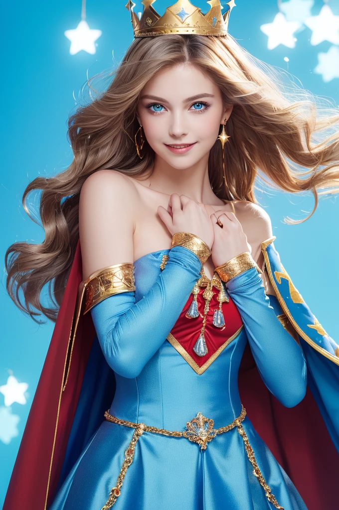 (((masterpiece))),(Incredibly absurd),(最高masterpiece),(Highest quality),(High resolution),(Very detailed),(4K),(8k),((large crown)),((A blue and red cape is fastened at the chest with a gold clasp.)),((Gentle blue eyes)),((Golden wavy hair)),((Short hair with frizzy hair)),((White, elegant outfit)),((Dressed like a wizard)),((Smiling, looking diagonally forward and to the left)),((Cute and body)),((Fantastic blue background)),((Lights dancing in the background)),((She is wearing a star-shaped hair accessory)),((Prince-like appearance))((boy)),((Golden soft hair))