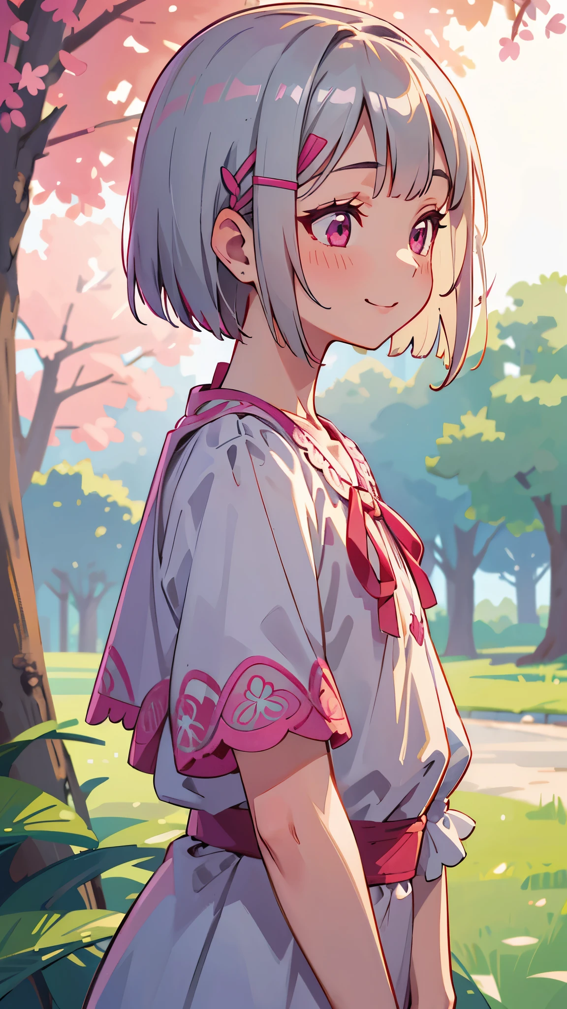 1 girl、8k、Sharp focus、(Bokeh) (Highest quality) (Detailed skin:1.3) (Intricate details) (anime)、Short silver bob hair held together with a hair clip, Pink Eyes、smile、Blouse shirt with ethnic patterns and primary colors、profile、Upper body close-up、Morning Park、Background Blur, Written boundary depth