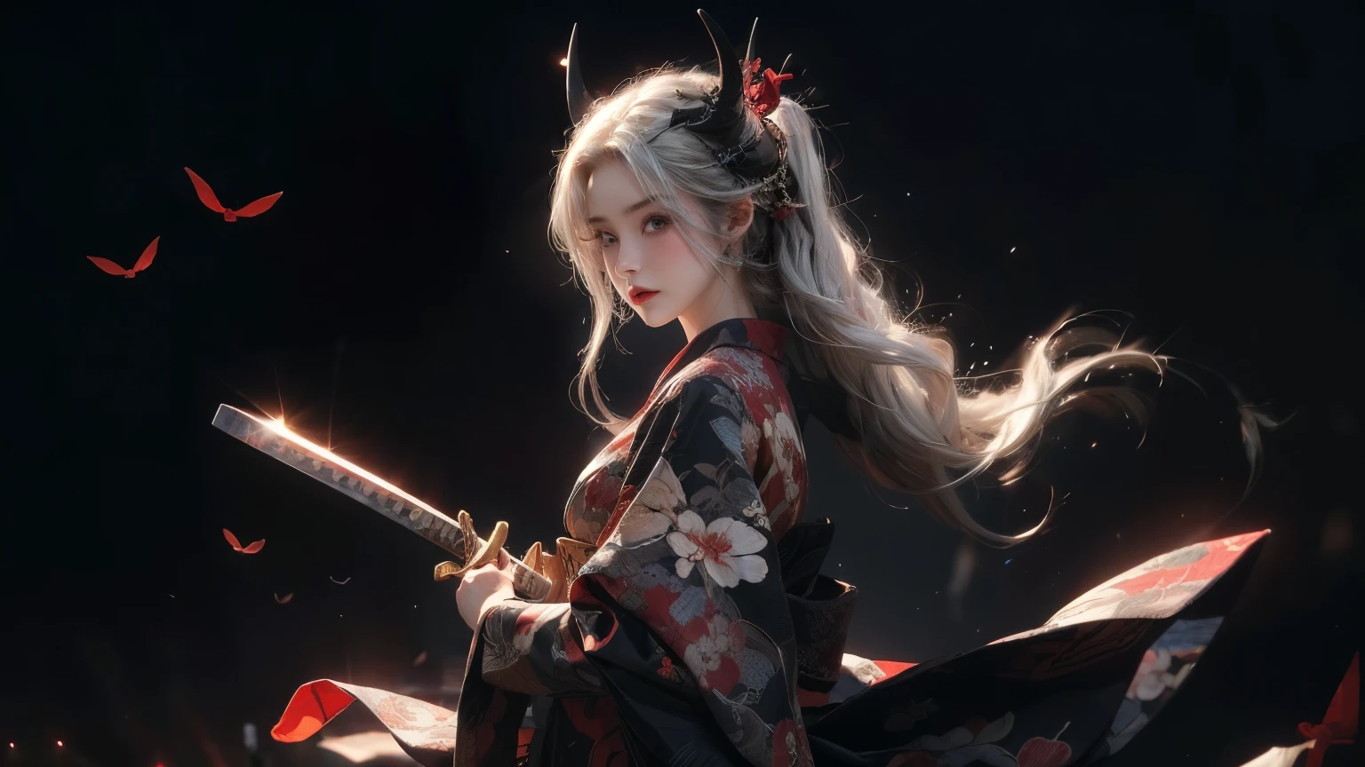 ((Best quality)), ((masterpiece)), (detailed), 1 girl, in a black and red kimono, with white hair and horns, In the hands of a katana, in style