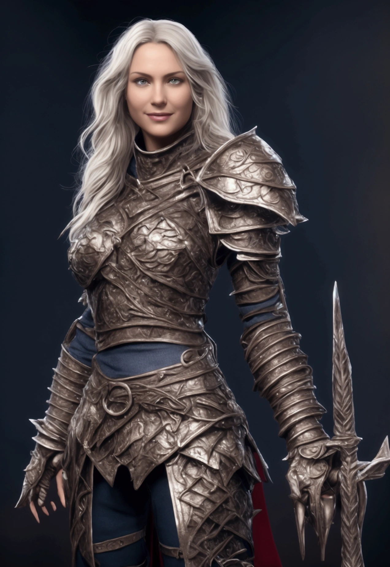 1girl, solo, no background, gladiator, fantasy style, full armor, fantasy armor, golden armor, gladiator armor, wearing helmet, full helmet, helmet with visor, dots visor, cover eyes, gladiator helmet, gladiator pauldron, pauldron on only left side, copped turtleneck, red turtleneck, sleeveless turtleneck, armor on jean, tight jean, leather jean, gladiator tasset, big belt, big round buckle, big long arm armor, gladiator arm armor, arm armor cover entire arm, arm armor only on left side, long hair, messy hair, muscular girl, tall girl, wide shoulder, big arms, large forearms, large hand, arm tattoo, tattoo only on right arm, navy blue hair, breasts, stomach, smile, big smile, teeth, large breasts, masterpiece, model character, eyes large, gaze fixed on the viewer, very detailed hands with only 5 fingers, 8k full hd, ​masterpiece, Maximum quality, ultra quality cg, high resolution illustrations, 8 k wallpaper, official art, a high chroma