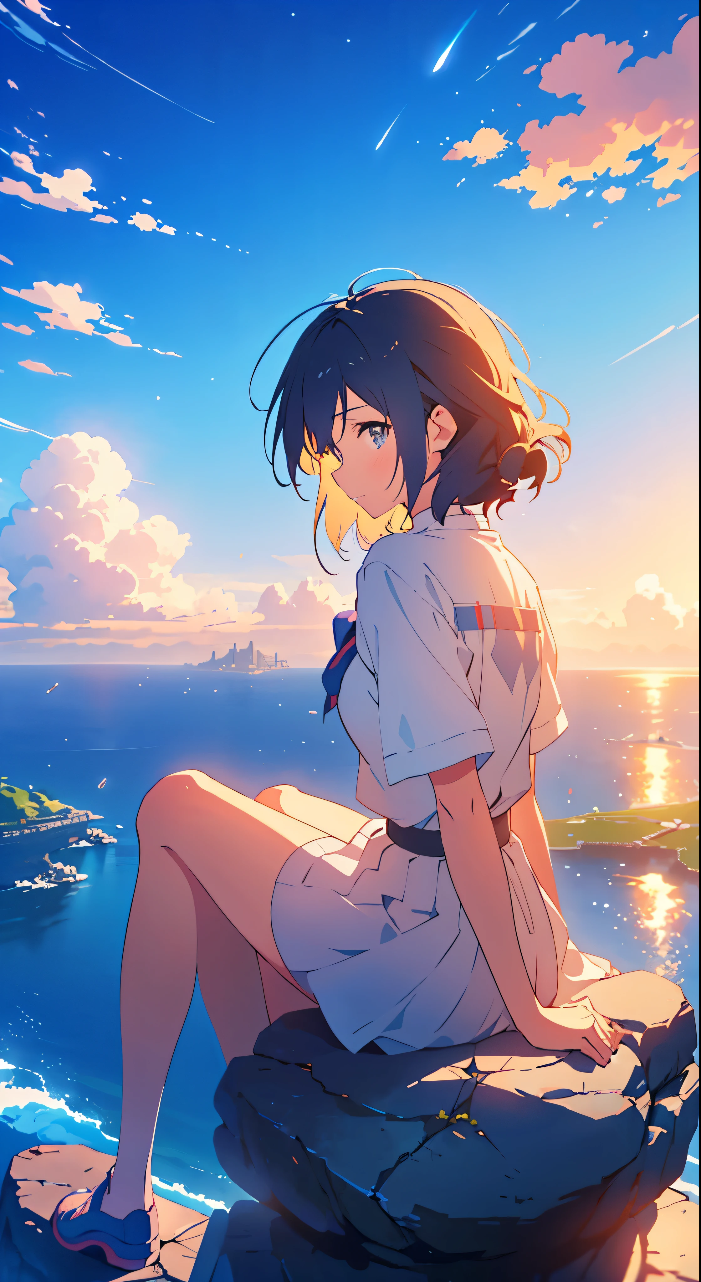 anime girl sitting on a rock looking at the sky,a sky piercing tower far far away, makoto shinkai cyril rolando, anime art wallpaper 4 k, anime art wallpaper 4k, cyril rolando and goro fujita, anime art wallpaper 8 k, 4k anime wallpaper, anime wallpaper 4 k, anime wallpaper 4k, ( ( makoto shinkai ) ), makoto shinkai!