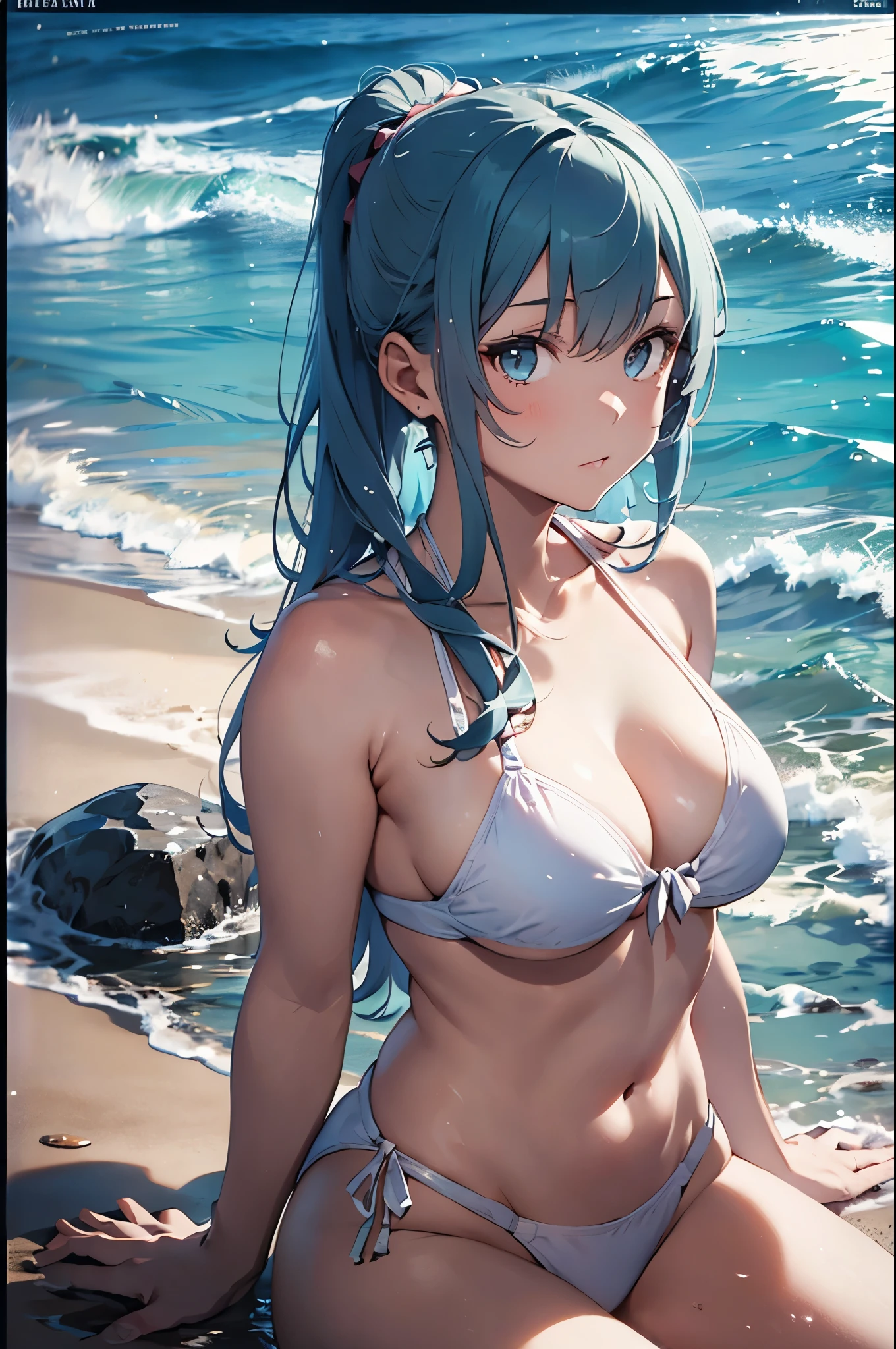 High resolution,topless、
One beautiful young woman,Light blue hair、ponytail、
(Soft Saturation:1.3), (Fair skin:1.2),
(ultra-Detailed Background, Detailed Background), Bokeh,
break'Portrait of a smiling girl.,
When viewed from the front, The composition is symmetrical,
Looking straight at you with serious eyes,
break Swimwear, White Bikini, Center of chest,
Outdoor, Sea surface, null, sunlight,Summer beach, Sandy Beach,
Strong light, Front lighting,
(Teen:1.3), (Cowboy Shot:1.2),
Front brake angle,
View your audience,
Dynamic pose,
sitting on the beach
Seaweed、Seaweed、Seaweed、Seaweed、Seaweed、Seaweed、Seaweed、
