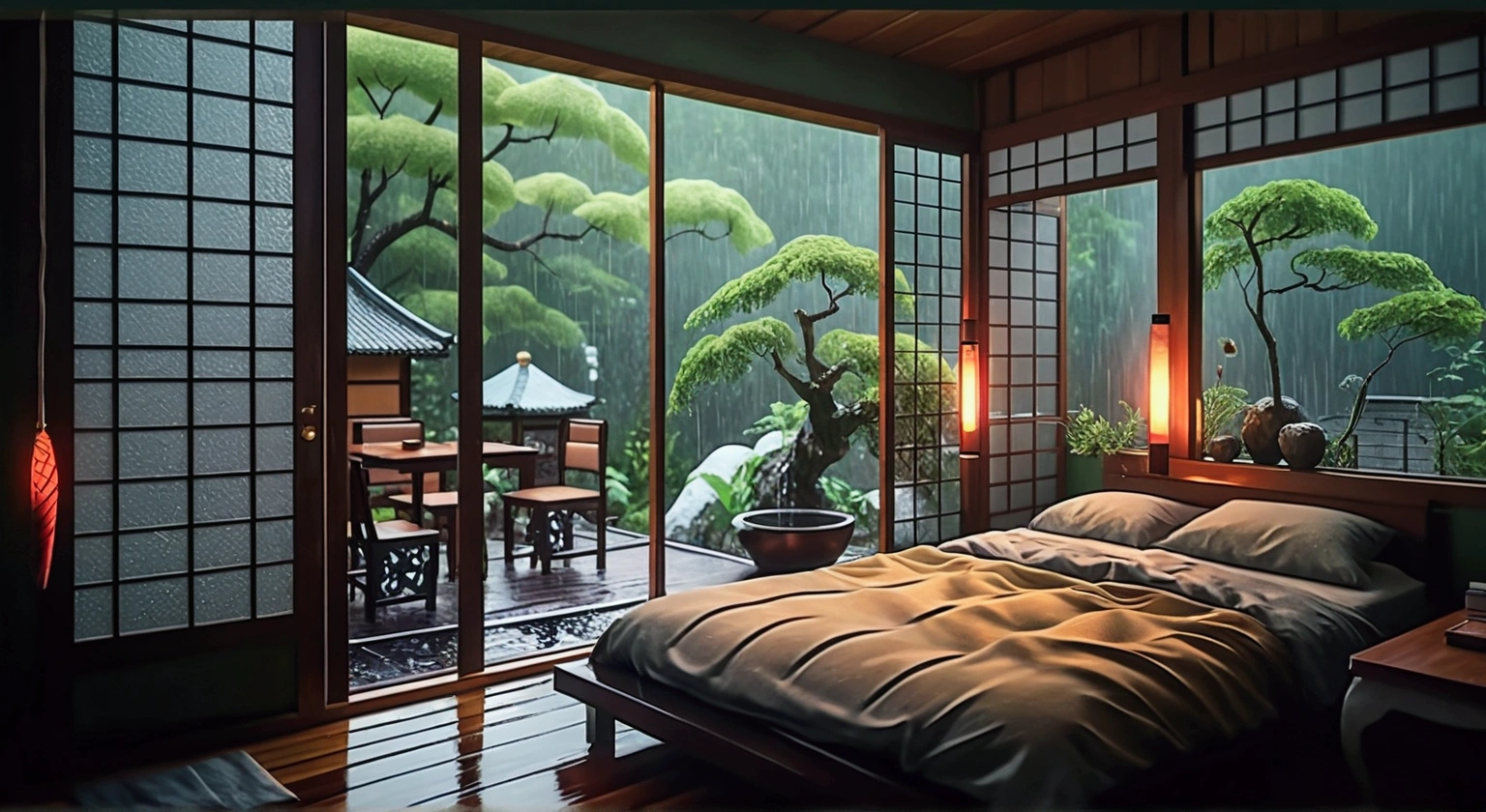 a bed sitting inside of a bedroom next to a window, a digital painting, inspired by Shūbun Tenshō, Artstation Contest Winner, ukiyo-e, at evening during rain, photo realistic image, cozy