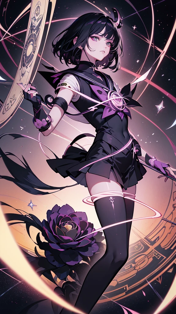 Official Art, unity 8k wallpaper, Very detailedな, Beautiful yet fleeting、beautiful, masterpiece,((Saturn)) Highest quality,Black Flower (zenTangle, Mandala, Tangle, enTangle), Flower Ecstasy, Very detailed, Black short hair、Dynamic Angle, ((Black Hair), (())The most beautiful form of chaos, ((Sailor Saturn)).elegant, Brutalist Design, Vibrant colors, Romanticism, James Jean, Robbie Dawi Anton, Ross Tran, Francis Bacon, It was very cold, Adrianne&#39;genius, Petra Cortright, Gerhard Richter, takato yamamoto, Ashley Wood, Atmospheric