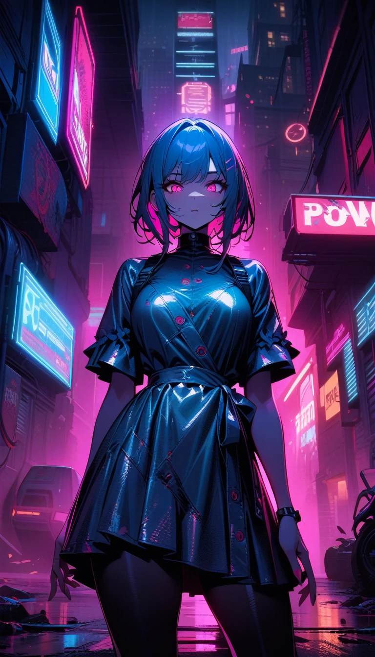 ((best quality)) , ((masterpiece)) , (detailed),Color splash, (((1girl))) , wearing Shabby Chic Wrap dress, has metallic plating, Colored hair, ((Fossil fuel power station)) in background,Neon noir , Cyberpunk, dark, rainy streets, neon signs, high contrast, low light, vibrant, highly detailed