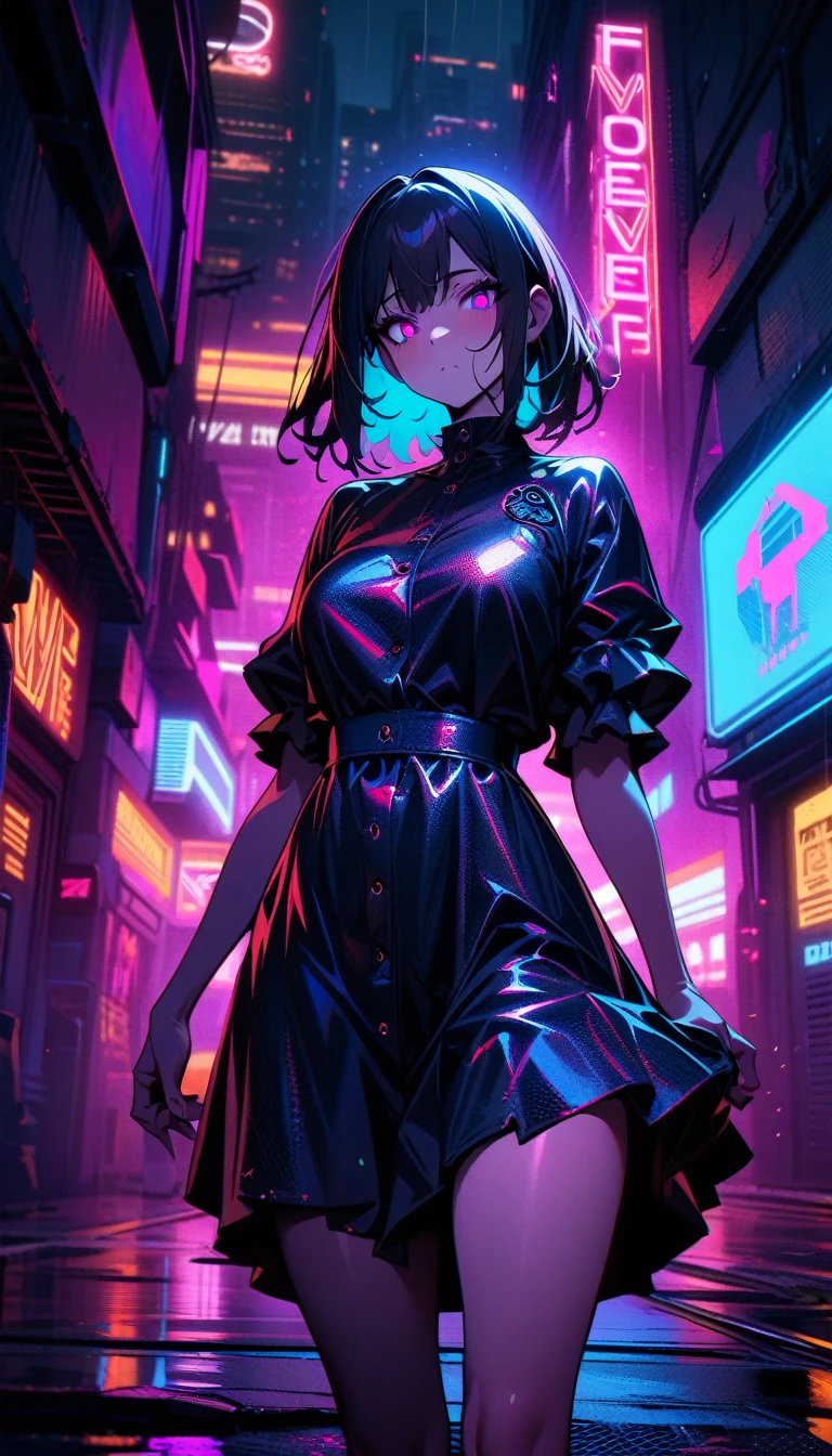 ((best quality)) , ((masterpiece)) , (detailed),Color splash, (((1girl))) , wearing Shabby Chic Wrap dress, has metallic plating, Colored hair, ((Fossil fuel power station)) in background,Neon noir , Cyberpunk, dark, rainy streets, neon signs, high contrast, low light, vibrant, highly detailed