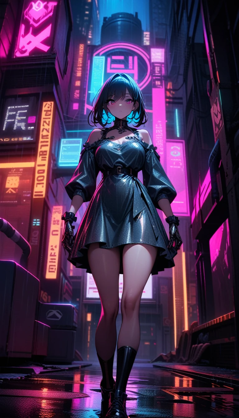 ((best quality)) , ((masterpiece)) , (detailed)，Color splash, (((1girl))) , wearing Shabby Chic Wrap dress, has metallic plating, Colored hair, ((Fossil fuel power station)) in background,Neon noir ， Cyberpunk, dark, rainy streets, neon signs, high contrast, low light, vibrant, highly detailed