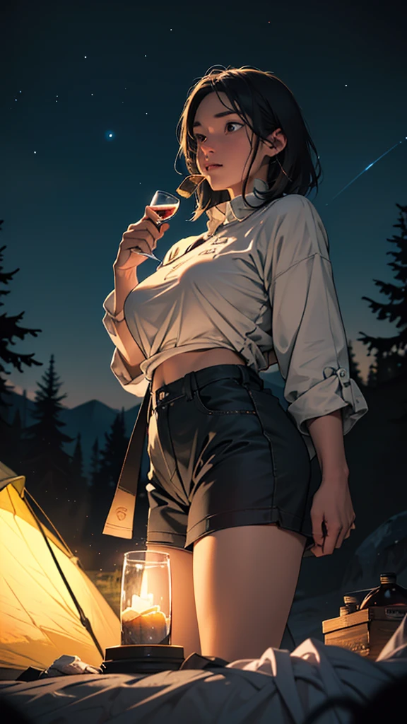 A Couple drunk camping party in forest hills,girl with short clothes big hips,detailed face and body,ultra-realistic,cinematic lighting,wide angle shot,vibrant ,moonlit night sky,stars,campsite tent,camping gear,wine glasses,soft focus,warm tones,