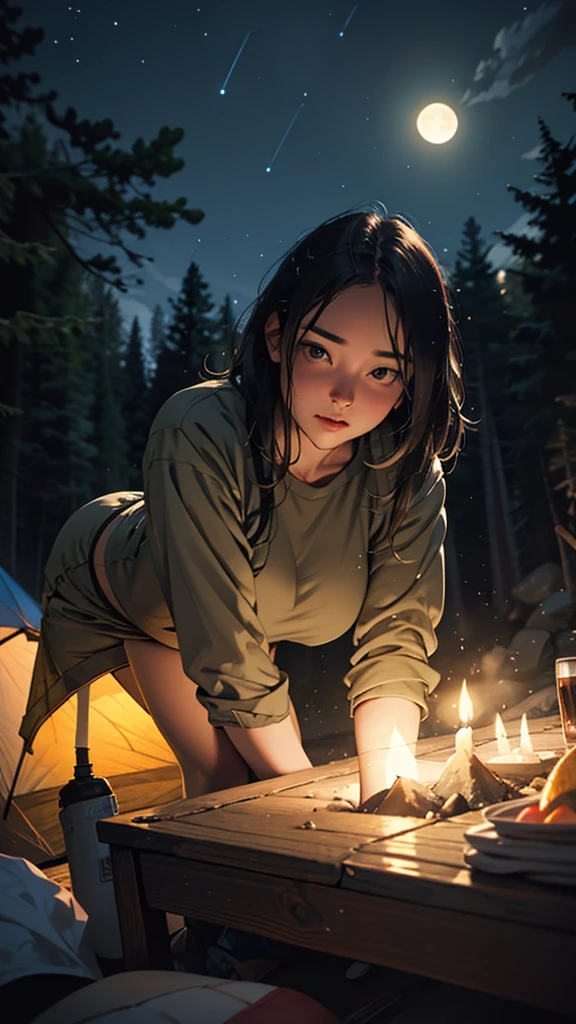 A Couple drunk camping party in forest hills,girl with short clothes big hips,detailed face and body,ultra-realistic,cinematic lighting,wide angle shot,vibrant ,moonlit night sky,stars,campsite tent,camping gear,wine glasses,soft focus,warm tones,