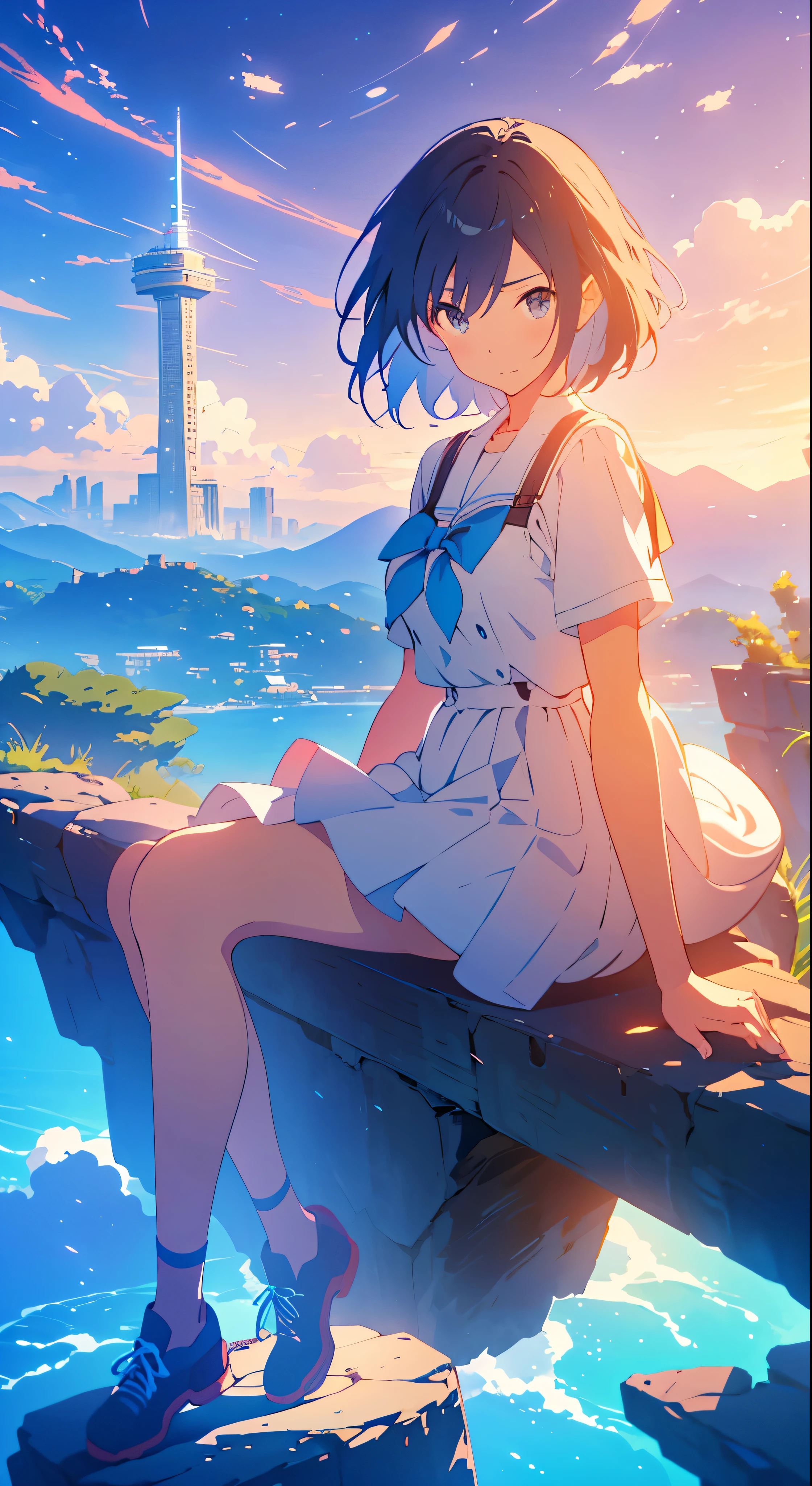 anime girl sitting on a rock looking at the sky,a sky piercing tower far far away, makoto shinkai cyril rolando, anime art wallpaper 4 k, anime art wallpaper 4k, cyril rolando and goro fujita, anime art wallpaper 8 k, 4k anime wallpaper, anime wallpaper 4 k, anime wallpaper 4k, ( ( makoto shinkai ) ), makoto shinkai!