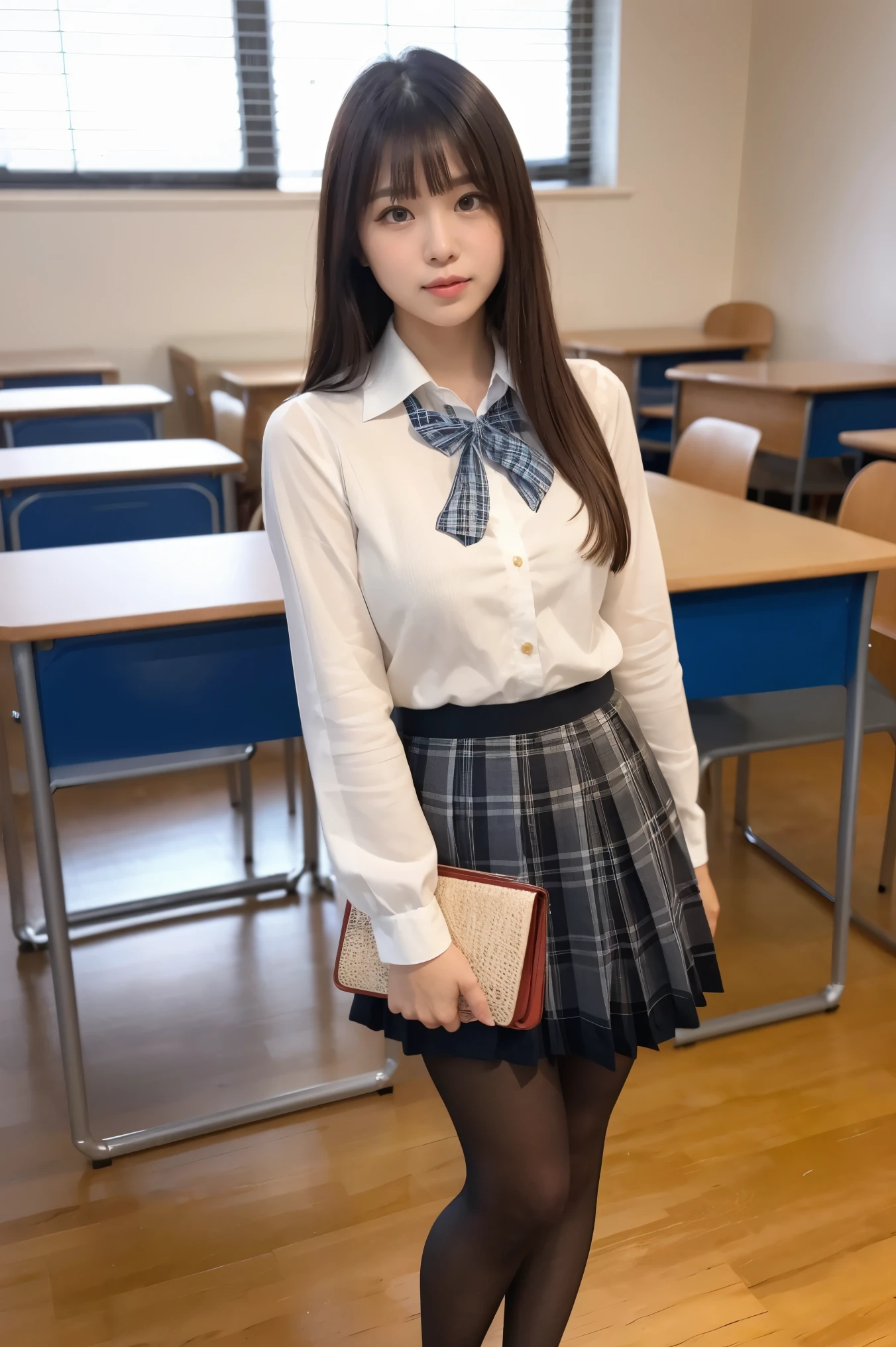 (((8k、High resolution、Highest quality、High resolution)))alone、Natural body shape、White skin、Natural Makeup、((Black Hair、bangs、Straight Long Hair))、((()))、Sitting on the floor、(:1.4)、(())、(((((Full body photo)))))、(((Looking into the camera)))、(((Wear a uniform on the upper body)))、classroom、(((Of high school))) 、((white collared long sleeve blouse))、((Beige cardigan))、((Pleated skirt with dark blue plaid pattern、mini skirt、Ultra-realistic pantyhose))、、、Expressionless、((Exposing your thighs)), Beautiful mature woman