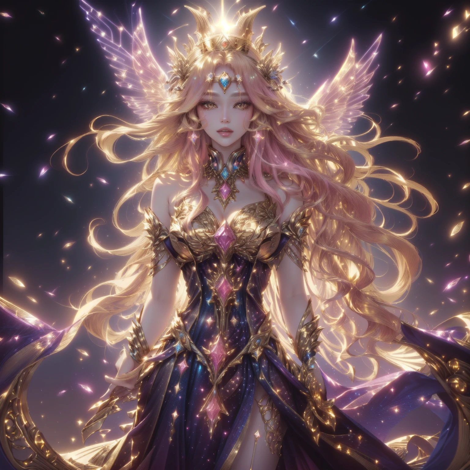 super model woman ,long golden hair , golden crown , pink mouth , Goddess of space and time , , Fine gold jewelry , Various colored diamonds, ,beautiful wings of light ,