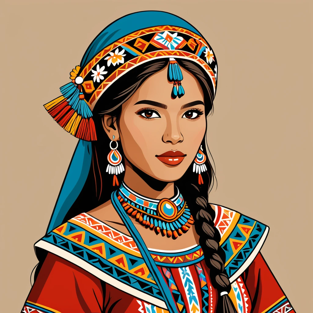 female nomad in peruvian folk outfit ,vector graphics, strong contours, logo design
