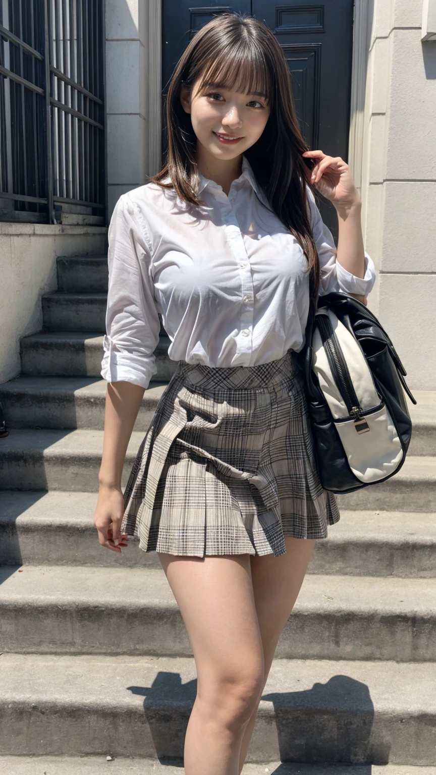 ((masterpiece)),(((Highest quality))),Thin thighs,Long legs,An 18-year-old high school girl standing on the school steps,White shirt,Blue and white plaid mini skirt:1.5,The best smile,Short bob with side waves:1.5，Carrying a black backpack，wear black loafers，Facing the front and spreading legs:1.5，large breasts, bangs
